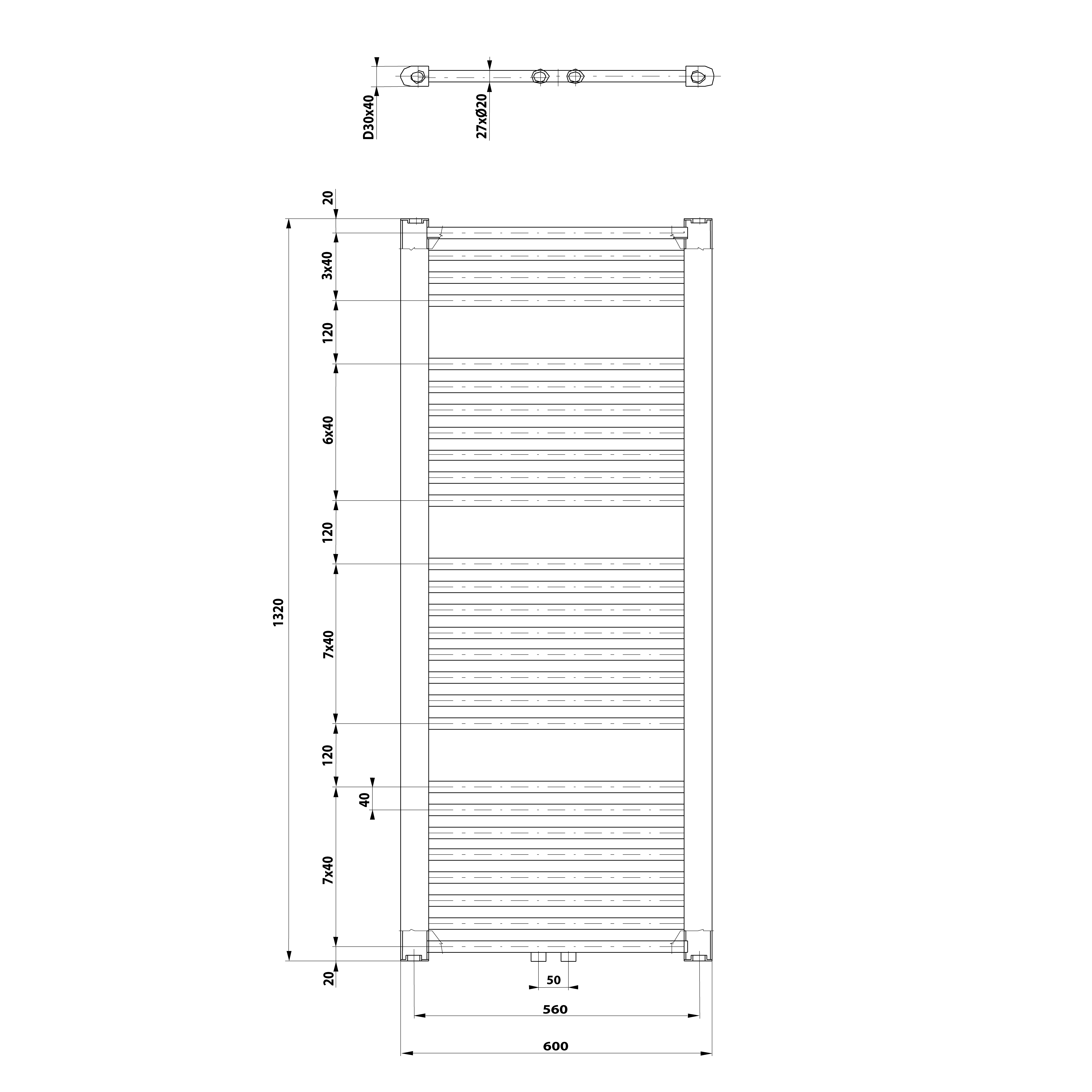 Aqualine DIRECT otopné těleso se středovým připojením 600x1320 mm, bílá, technický nákres