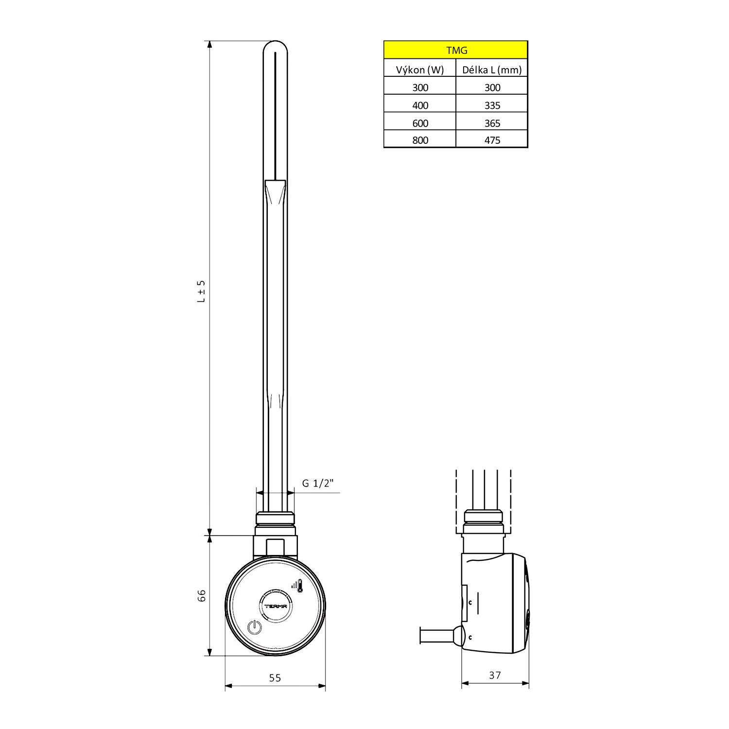 Sapho WICHER topná tyč s termostatem, 800 W, černá mat, technický nákres