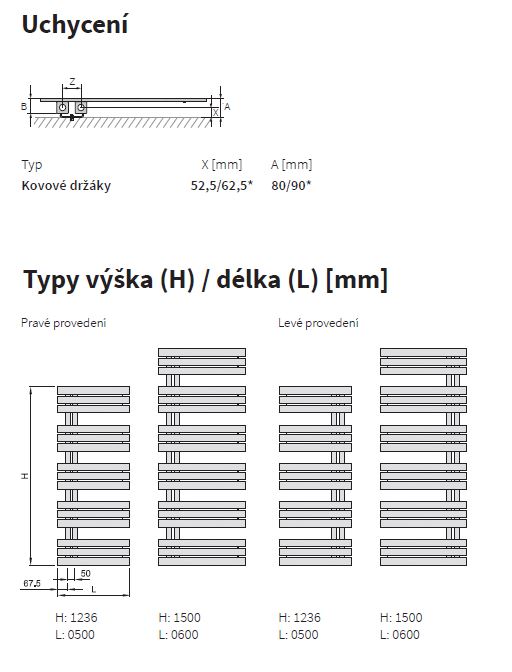Isan Miro žebřík do koupelny 1500x500 mm, 602 W, DMIR15000500, technický nákres