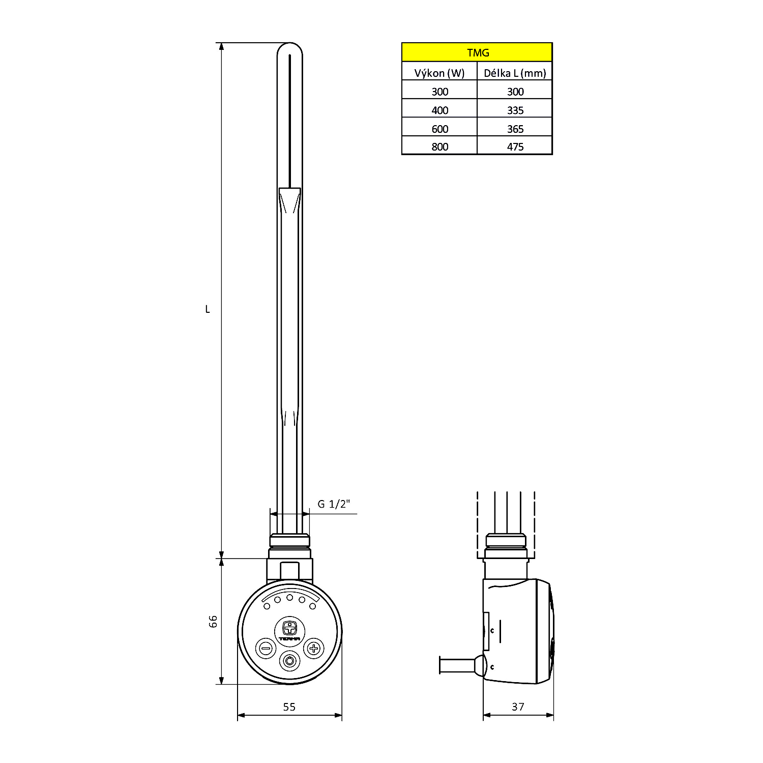 Aqualine Topná tyč s termostatem, 600 W, bílá mat, technický nákres s tabulkou délek