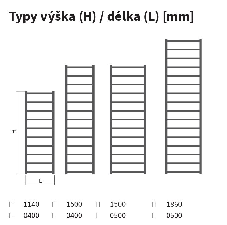 Isan Fresh topný žebřík 1500x500 mm, 371 W, DFRE15000500SK, technický nákres