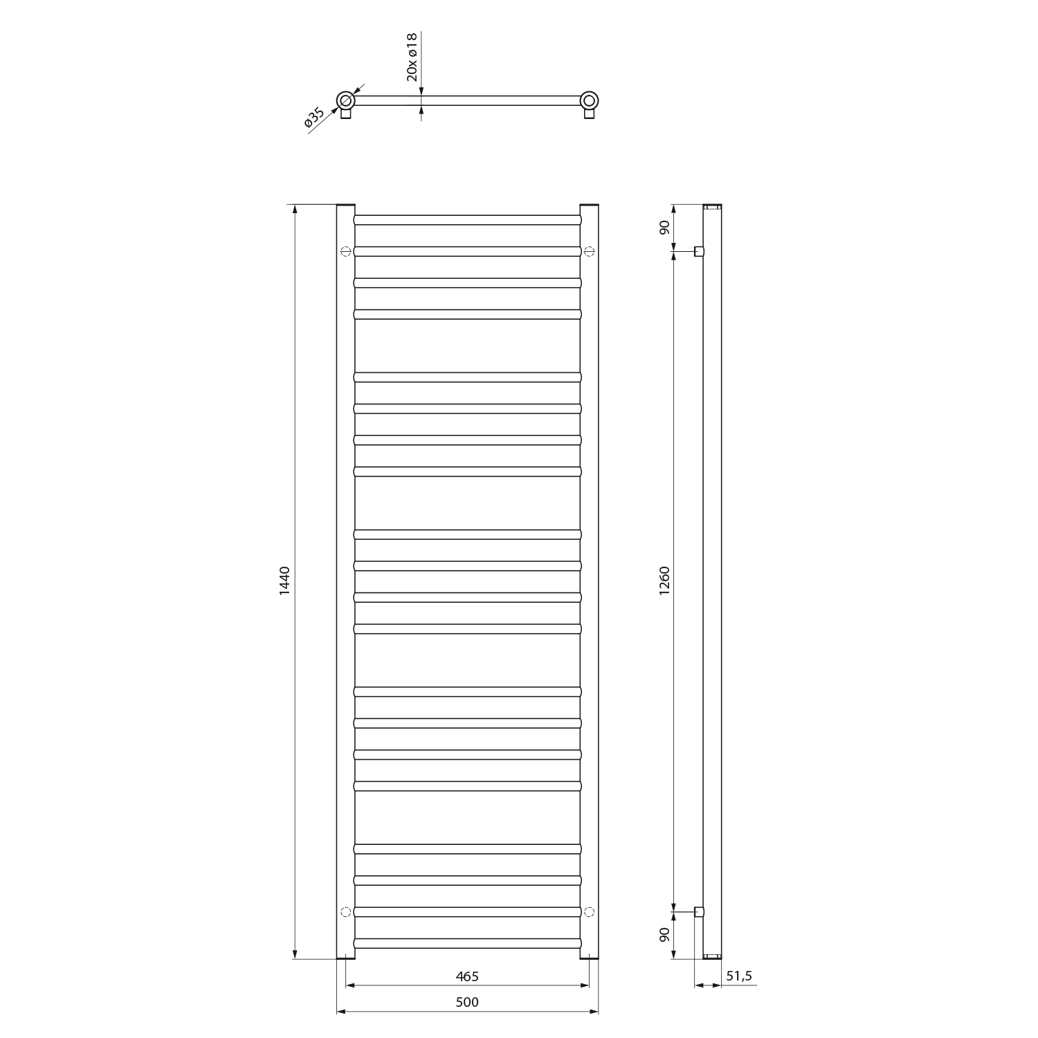 Sapho DINA otopné těleso 500x1440mm, černá mat, technický nákres