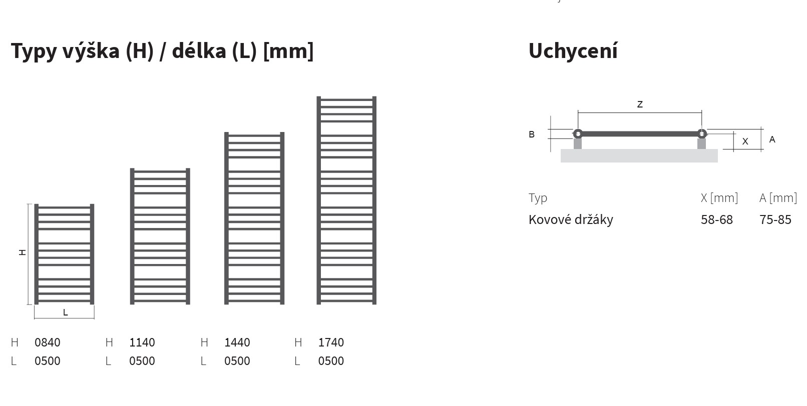 Isan Orion topný žebřík 1140x500 mm, 408 W, DRON01140500SK, technický nákres