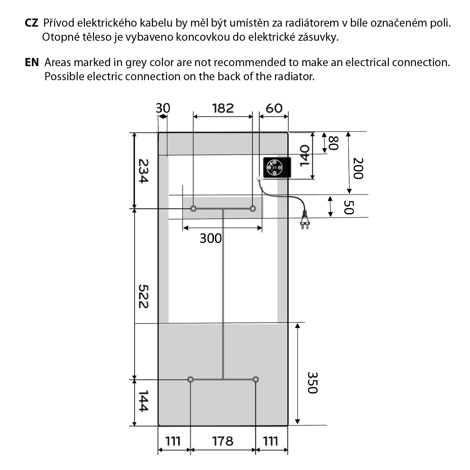 Sapho ONSEN EVO elektrické otopné těleso 400x900mm, 1000 W, bílá, technický nákres