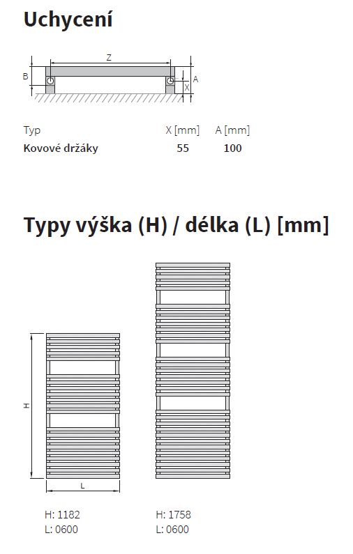 Isan Club Edge topný žebřík 1182x600 mm, 724 W, DCLE11820600, technický nákres