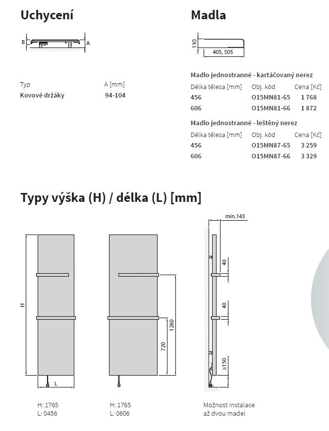 Isan E-arte radiátor do koupelny 1765x456 mm DEAR17650456AK01-0110, technický nákres