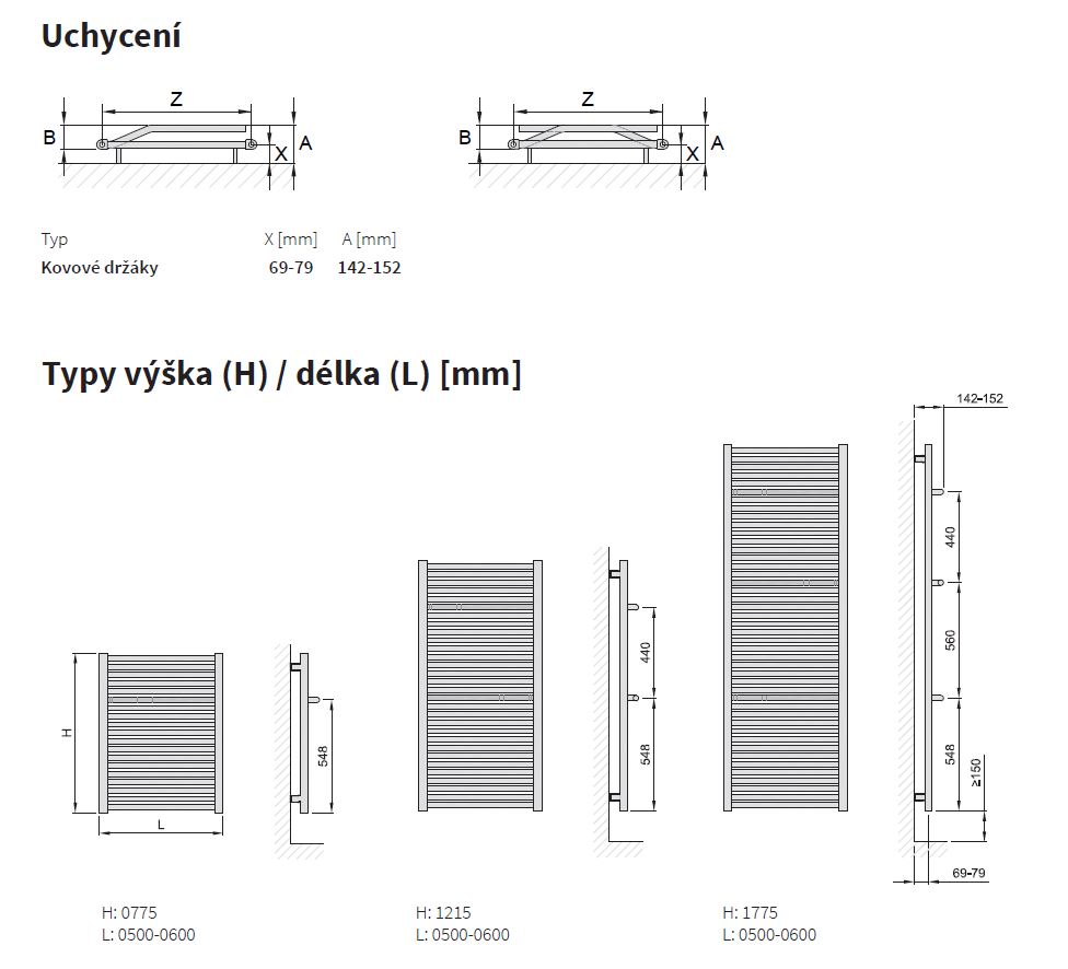 Isan Avondo topný žebřík 775x500 mm, 409 W, DLNN07750500, technický nákres