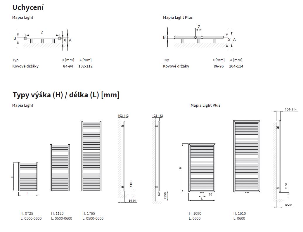 Isan Mapia Light Plus koupelnový žebřík 1200x600 mm, 655 W, DMLP12000600, technický nákres