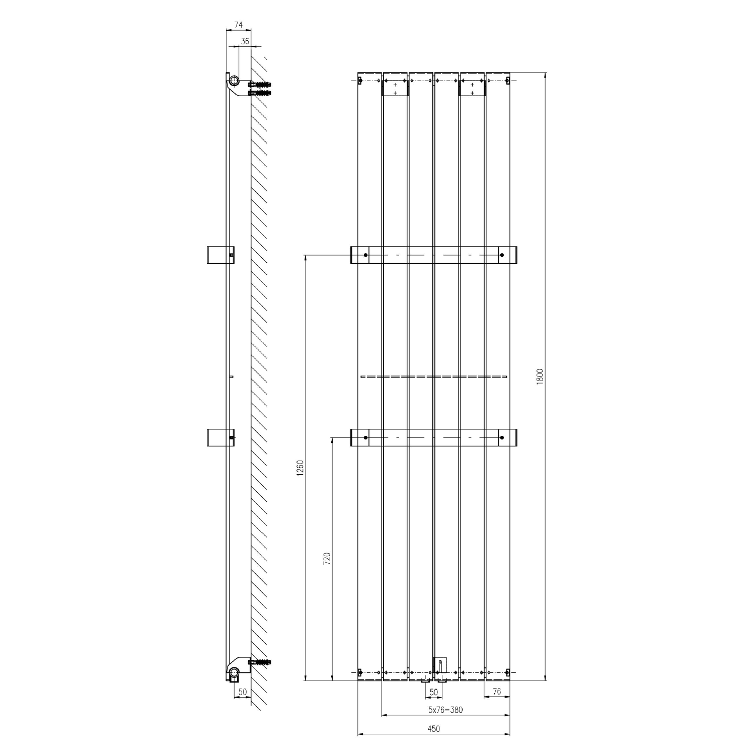 Sapho COLONNA otopné těleso 450x1800mm, metalická stříbrná, technický nákres