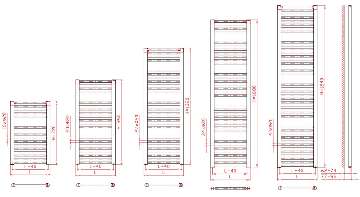 Thermal Trend KD 750 x 960 kombinovaný topný žebřík rovný, technický nákres