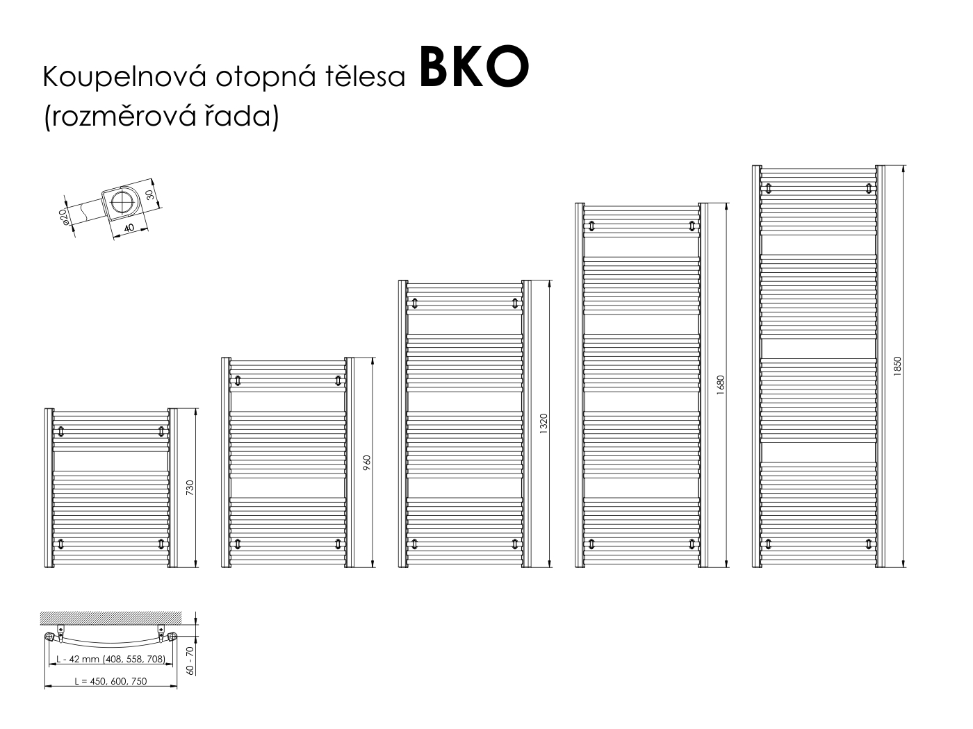 Thermal Trend KDO 450 x 1850 kombinovaný topný žebřík oblý, středové připojení, technický nákres