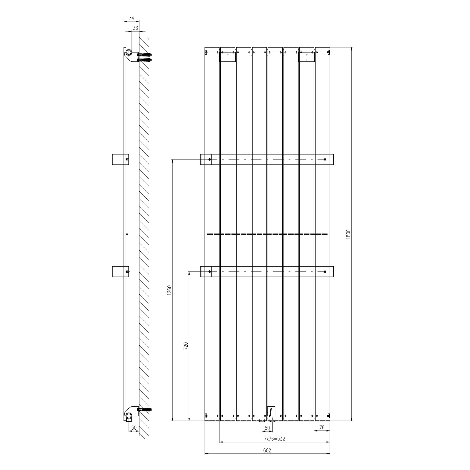 Sapho COLONNA otopné těleso 602x1800mm, metalická stříbrná, technický nákres