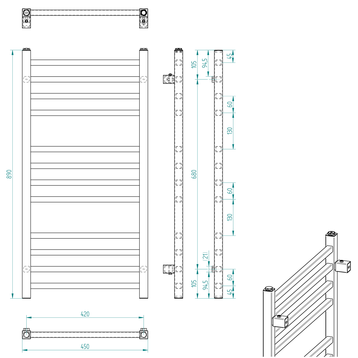 Sapho METRO otopné těleso 450x890 mm, černá mat, technický nákres