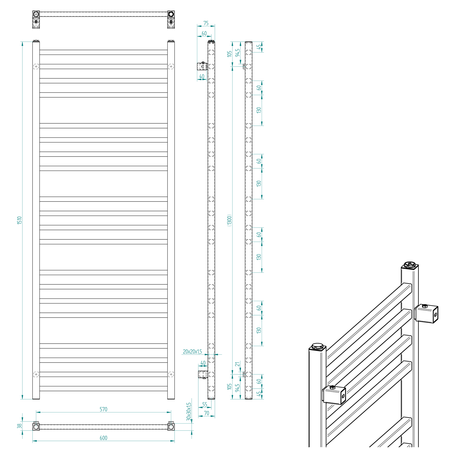 Sapho METRO otopné těleso 600x1510 mm, černá mat, technický nákres