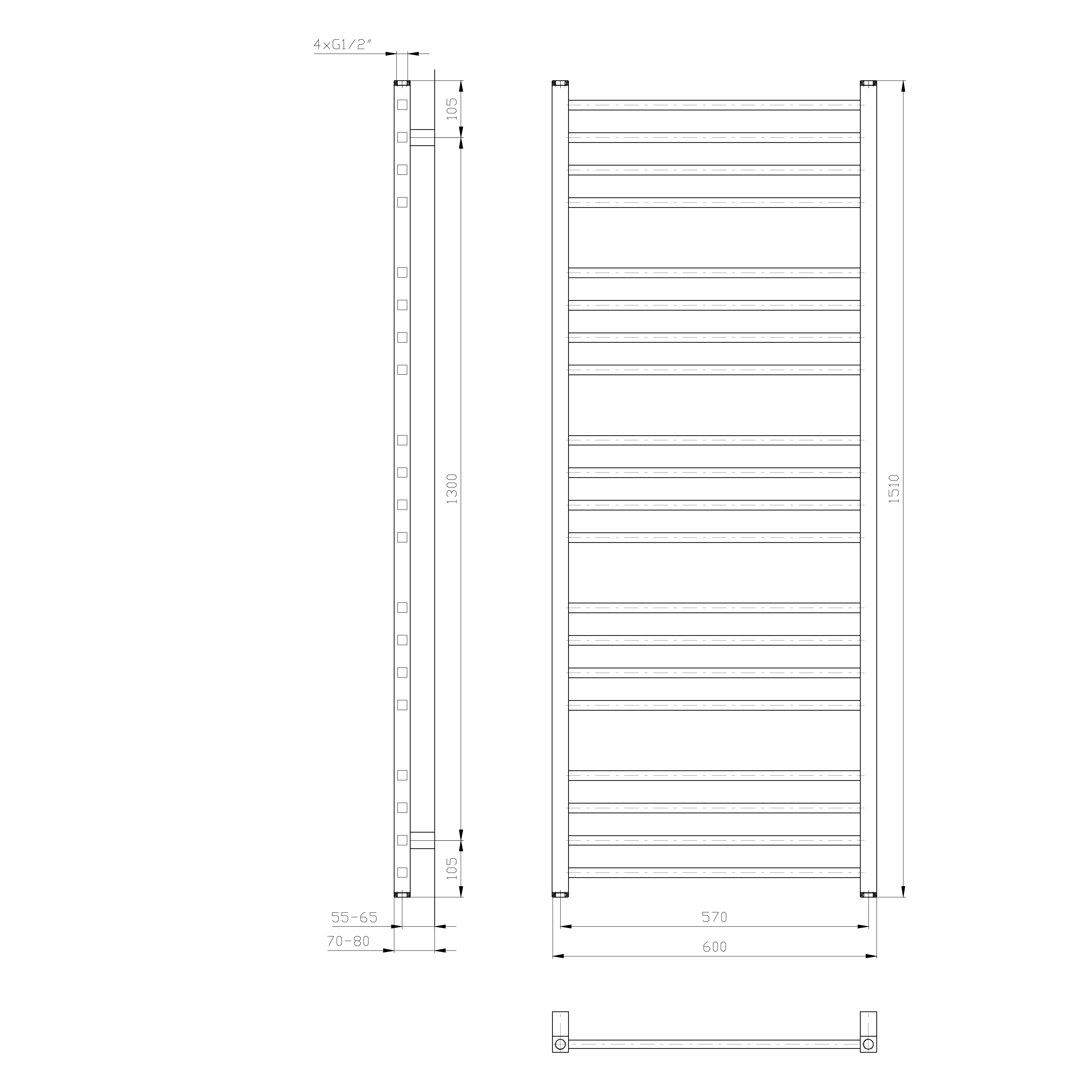 Sapho METRO otopné těleso 600x1510 mm, bílá, technický nákres