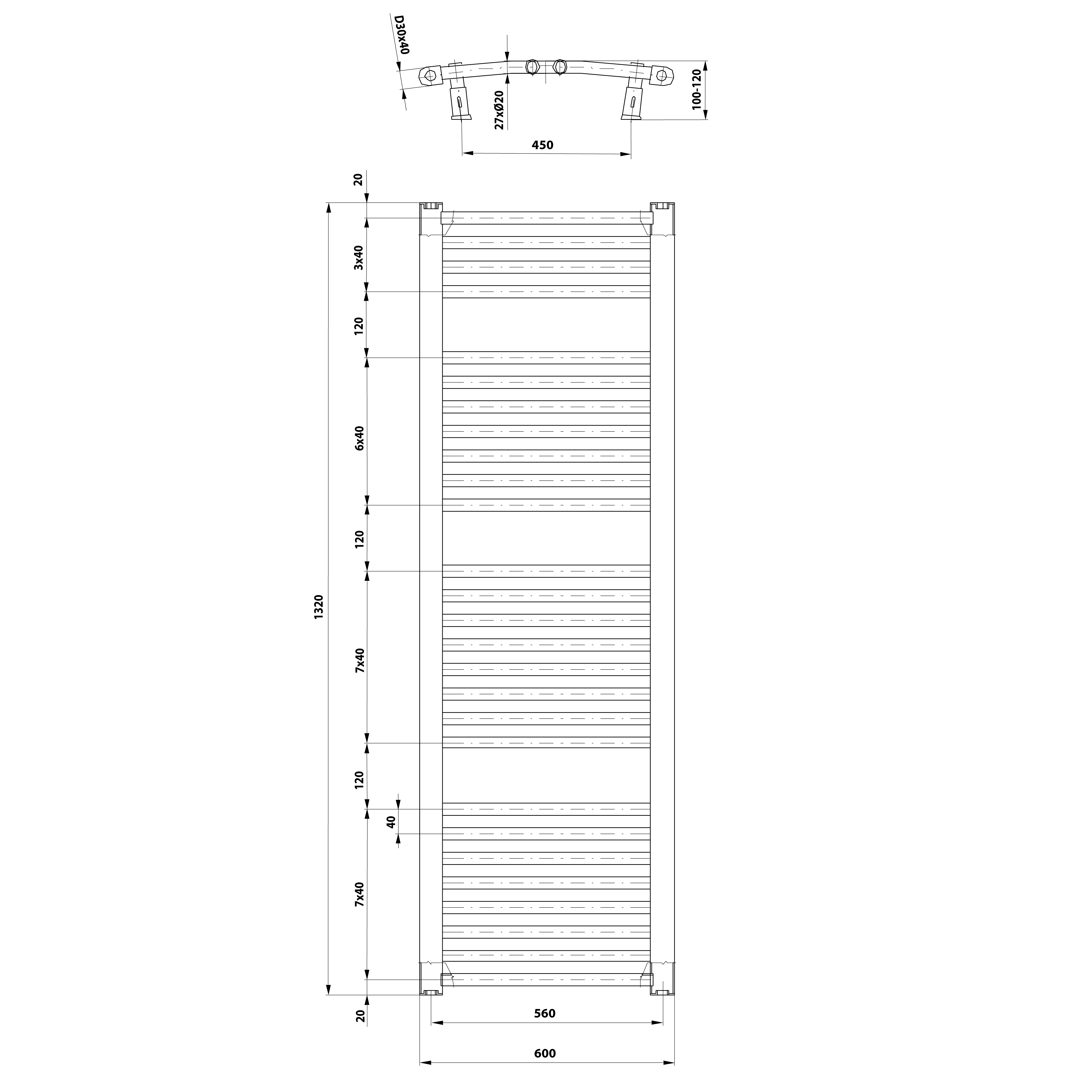 Aqualine ORBIT otopné těleso s bočním připojením 600x1320 mm, bílá, technický nákres