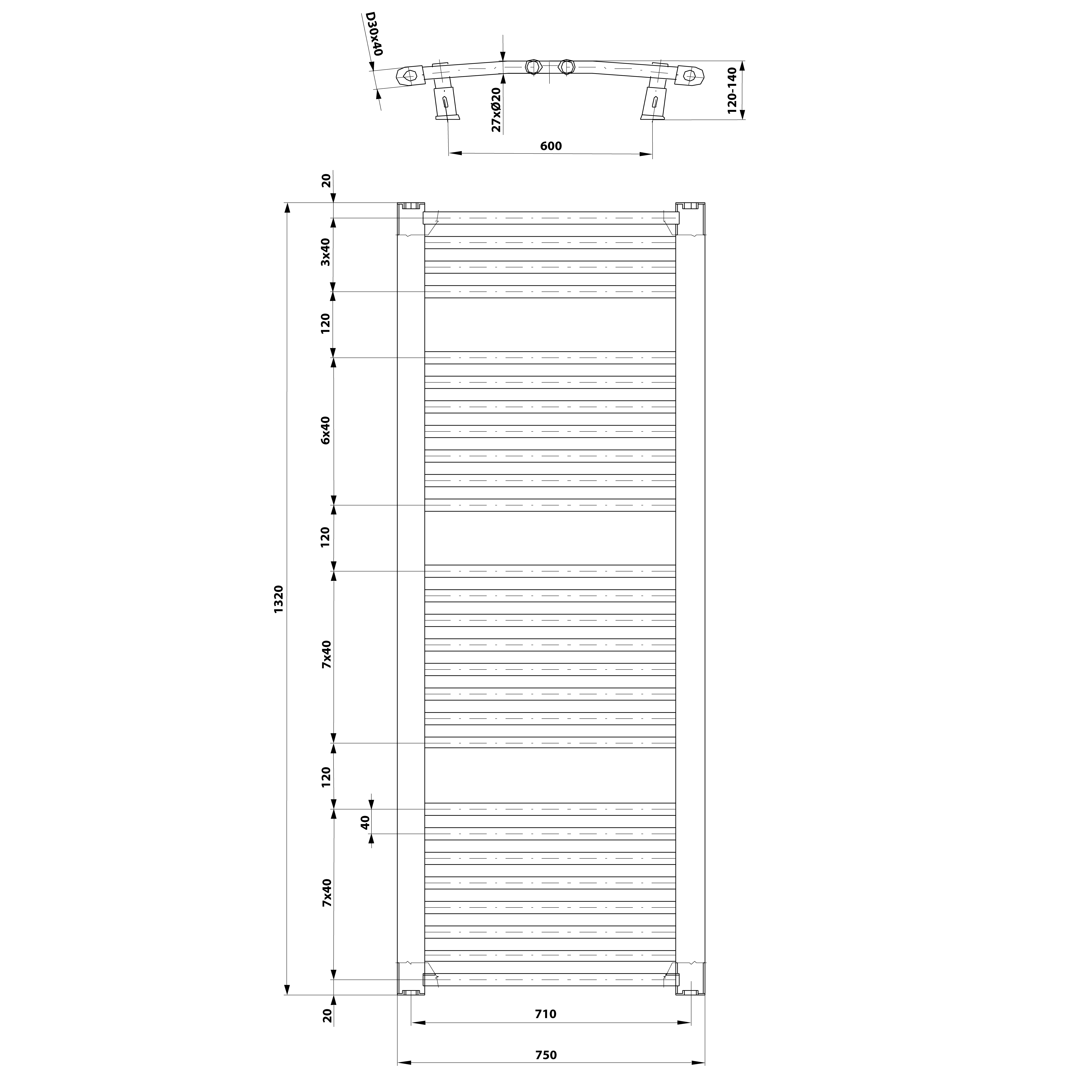 Aqualine ORBIT otopné těleso s bočním připojením 750x1320 mm, bílá, technický nákres