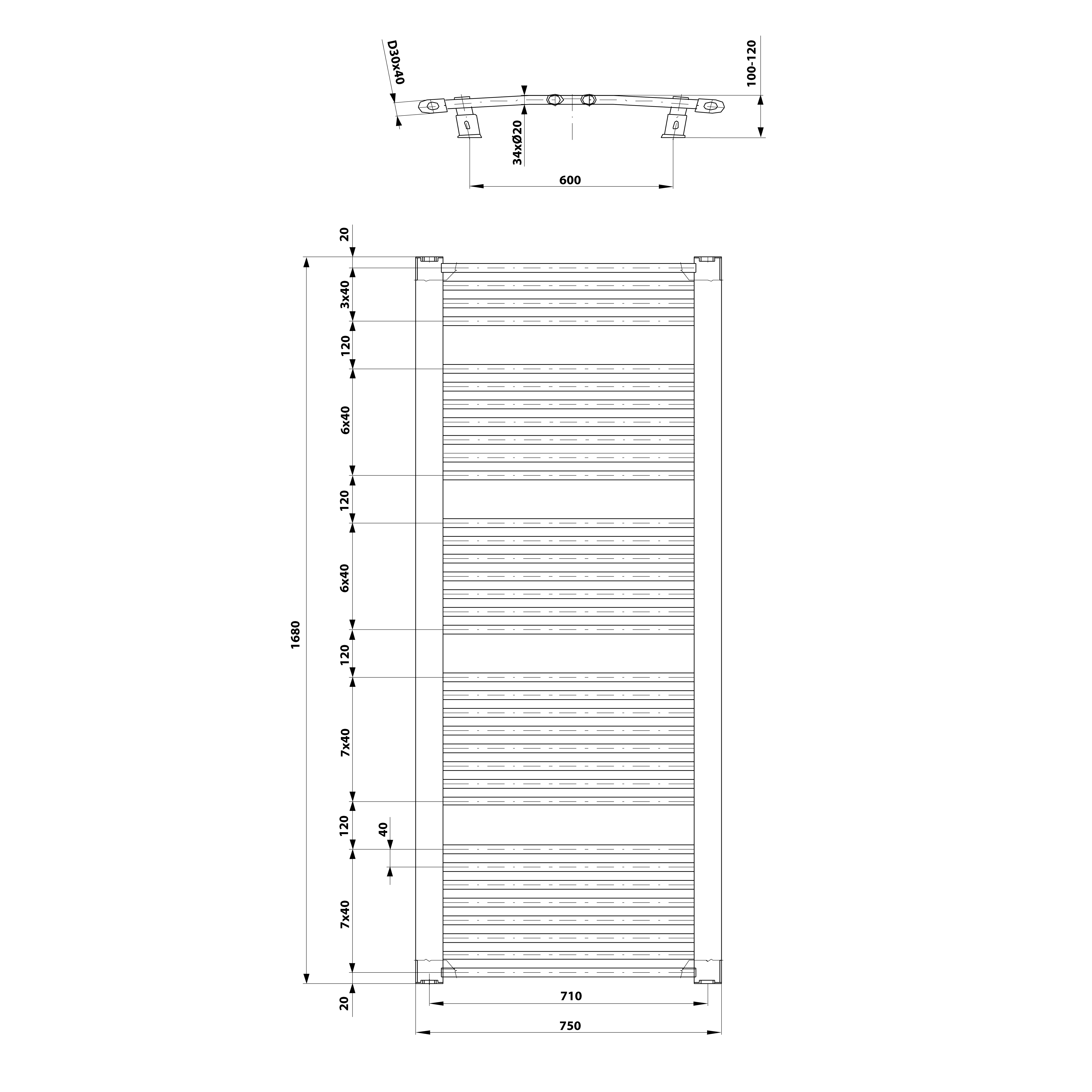 Aqualine ORBIT otopné těleso s bočním připojením 750x1680 mm, bílá, technický nákres