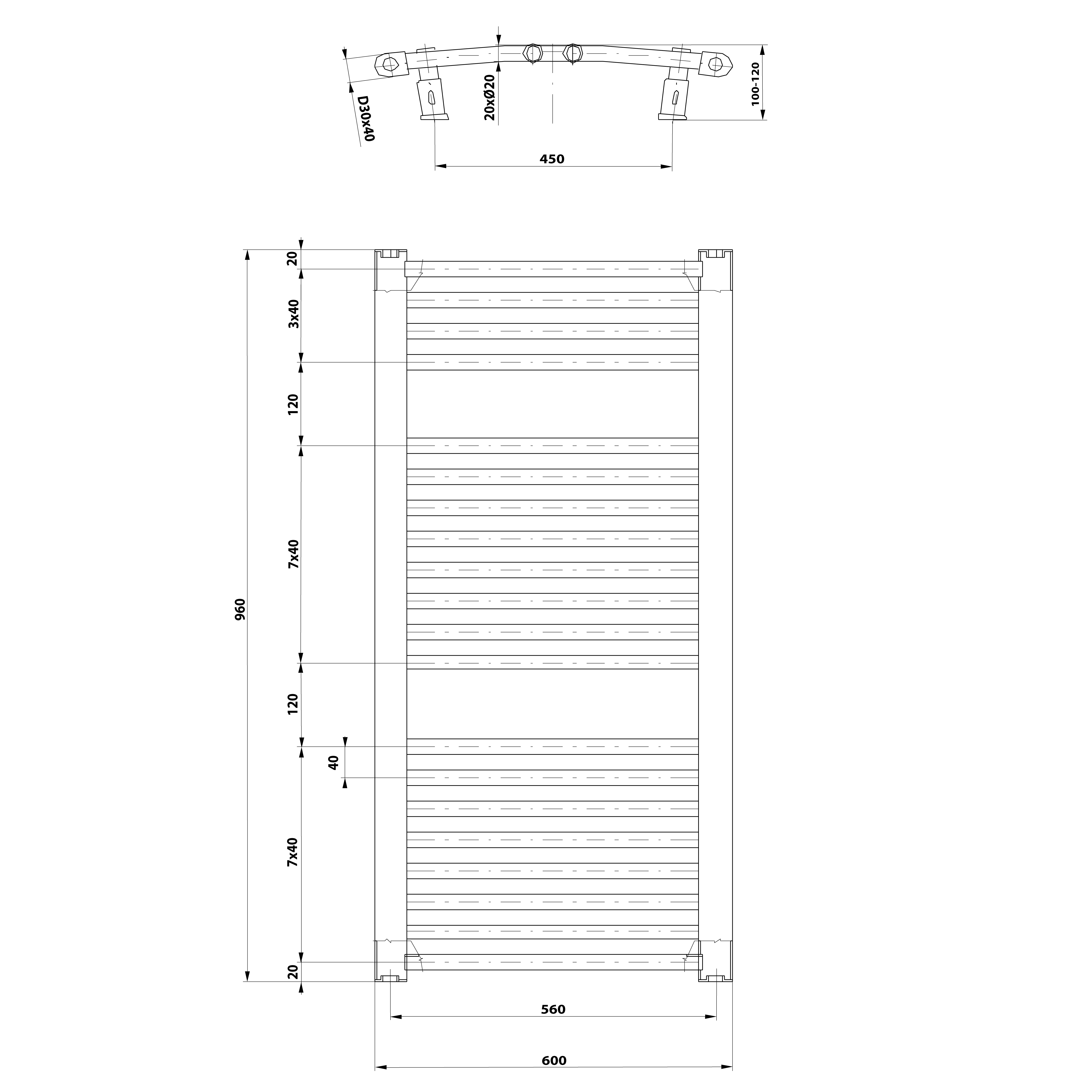 Aqualine ORBIT otopné těleso s bočním připojením 600x960 mm, bílá, technický nákres