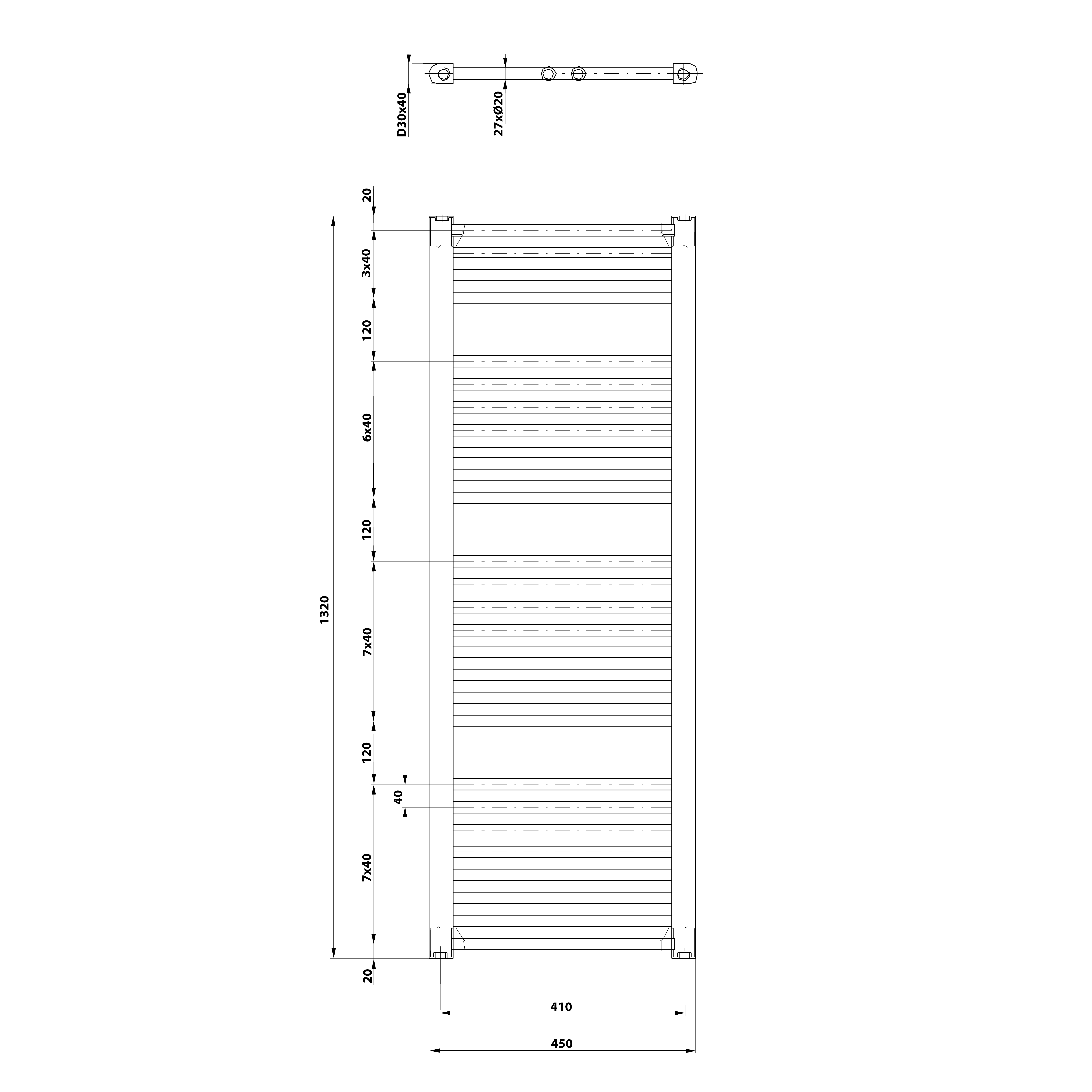 Aqualine DIRECT otopné těleso s bočním připojením 450x1320 mm, bílá, technický nákres