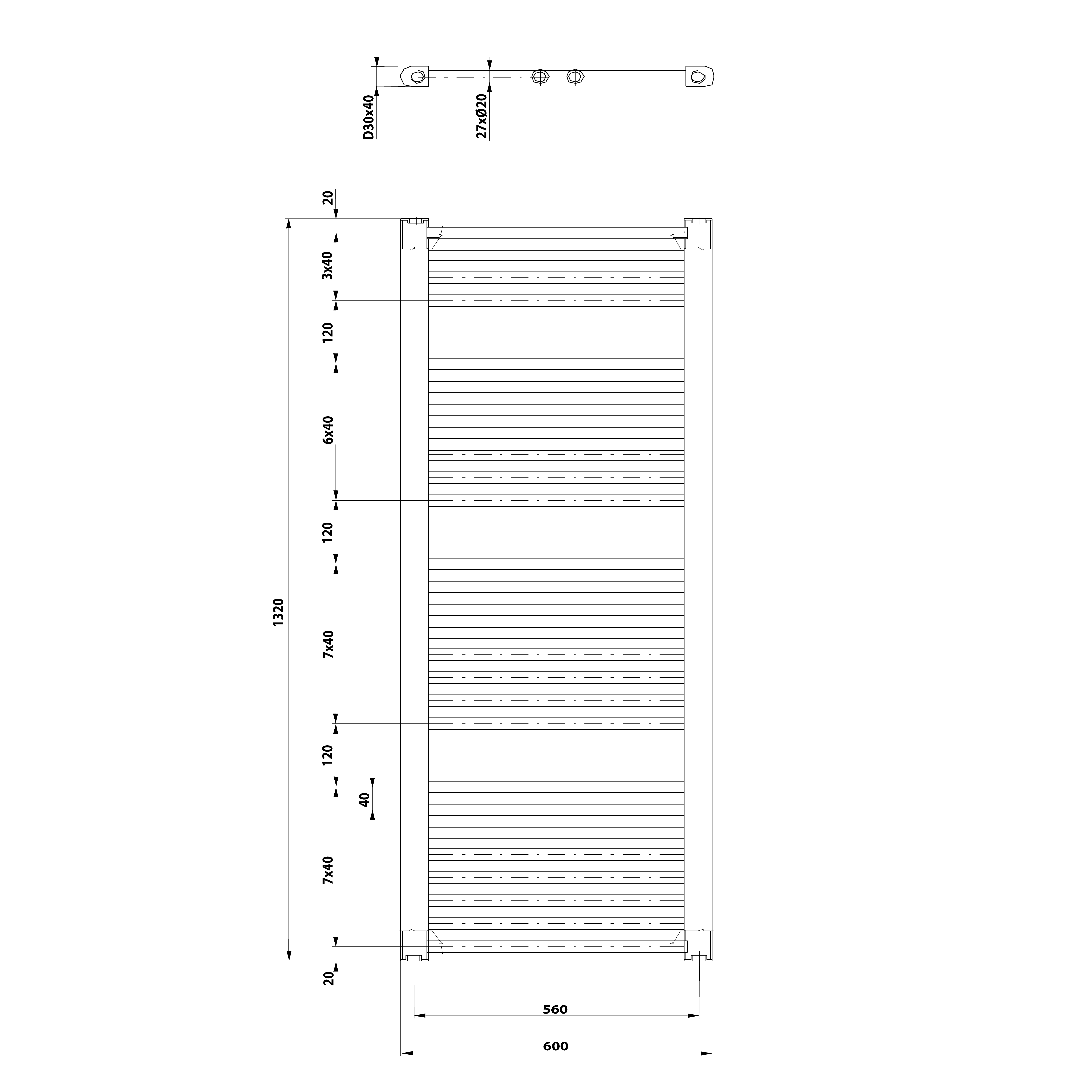 Aqualine DIRECT otopné těleso s bočním připojením 600x1320 mm, bílá, technický nákres