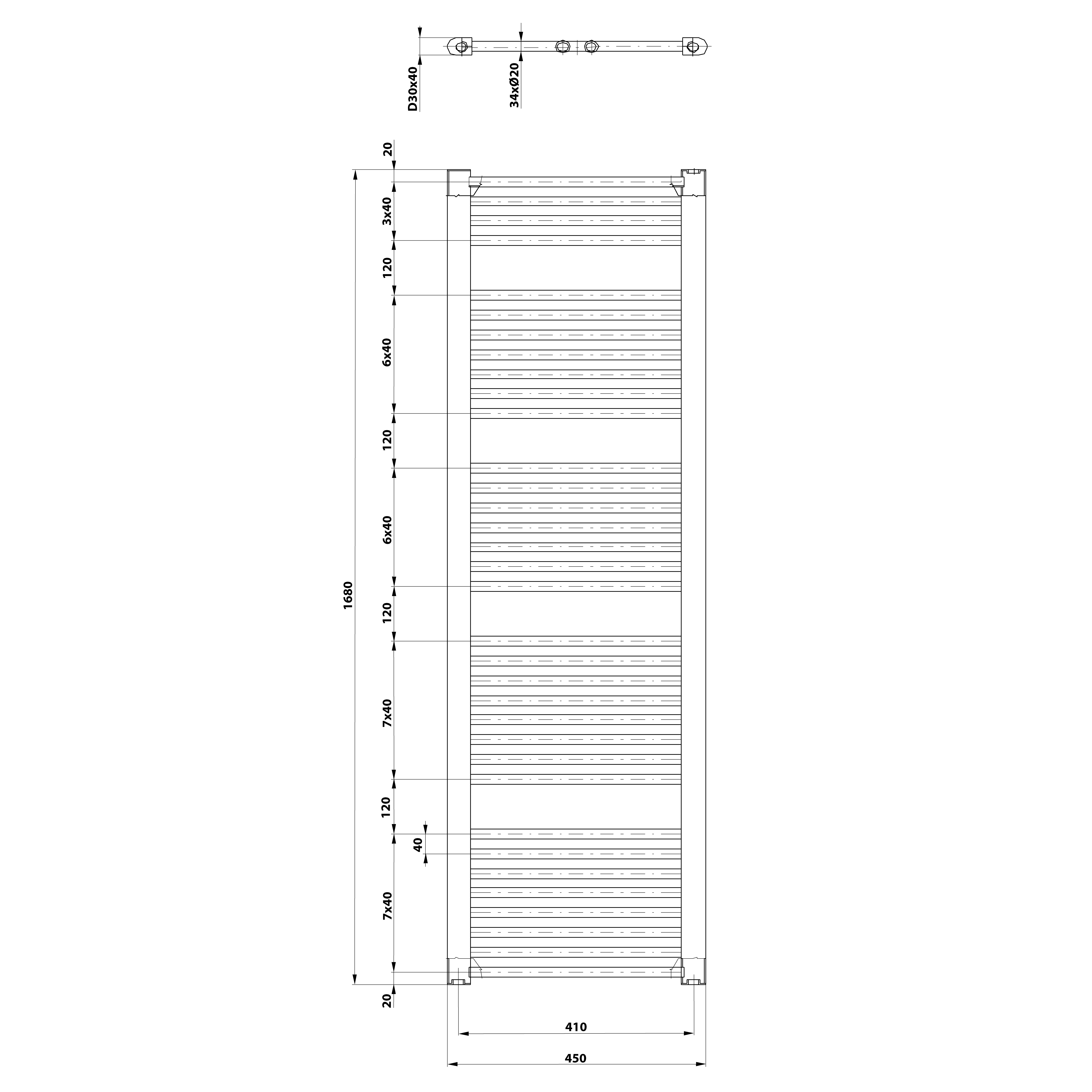 Aqualine DIRECT otopné těleso s bočním připojením 450x1680 mm, bílá, technický nákres