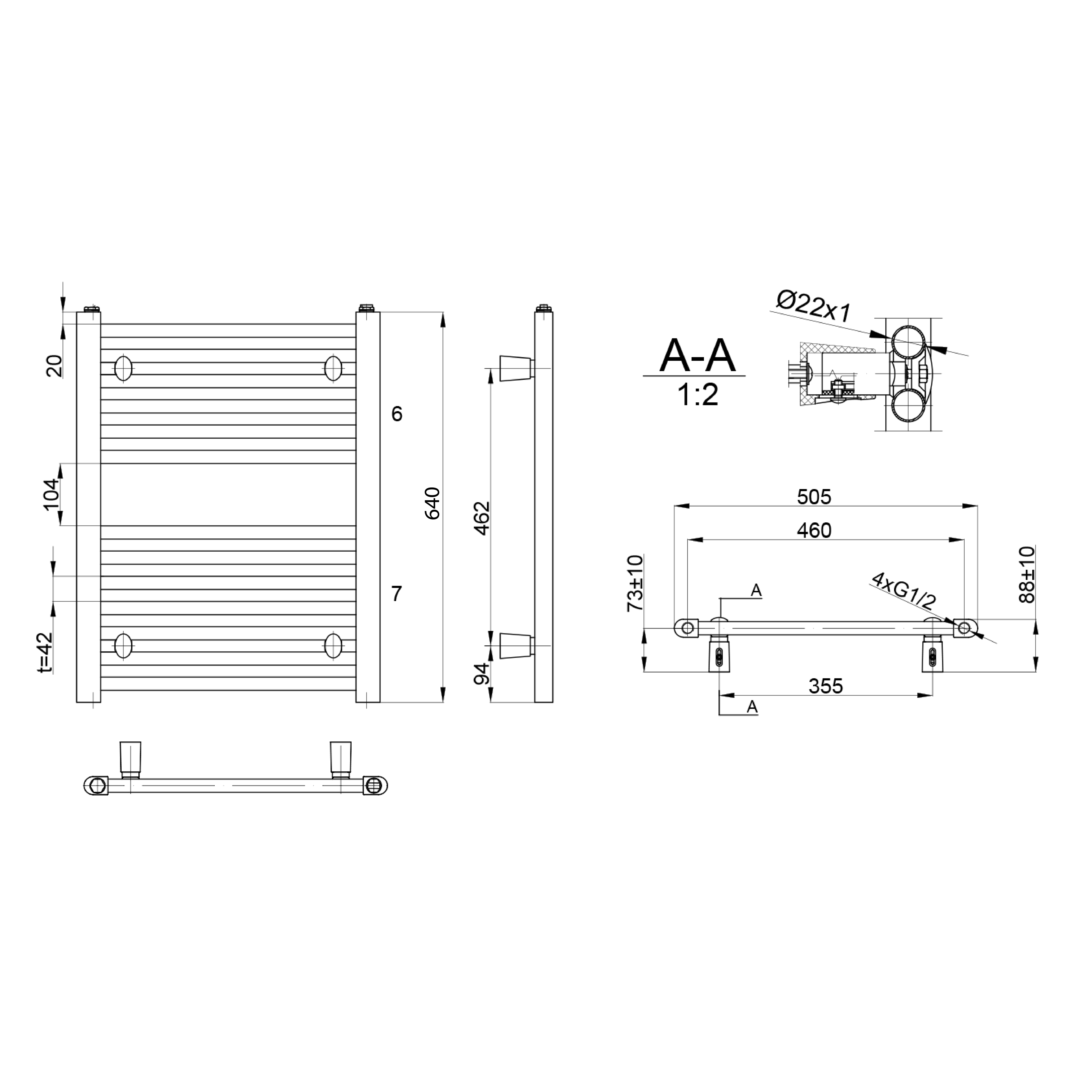 Aqualine DIRECT otopné těleso s bočním připojením 500x640 mm, bílá, technický nákres