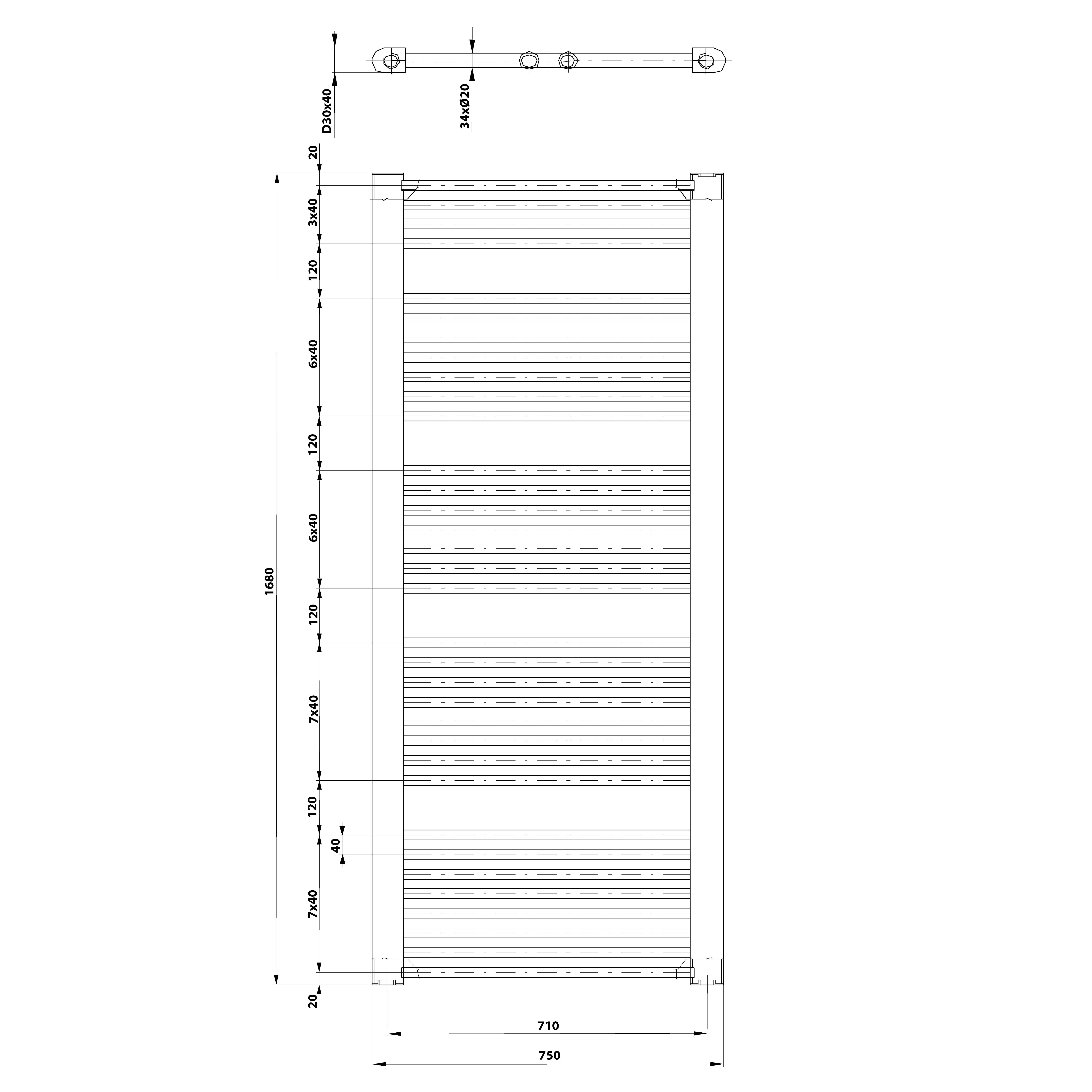 Aqualine DIRECT otopné těleso s bočním připojením 750x1680 mm, bílá, technický nákres