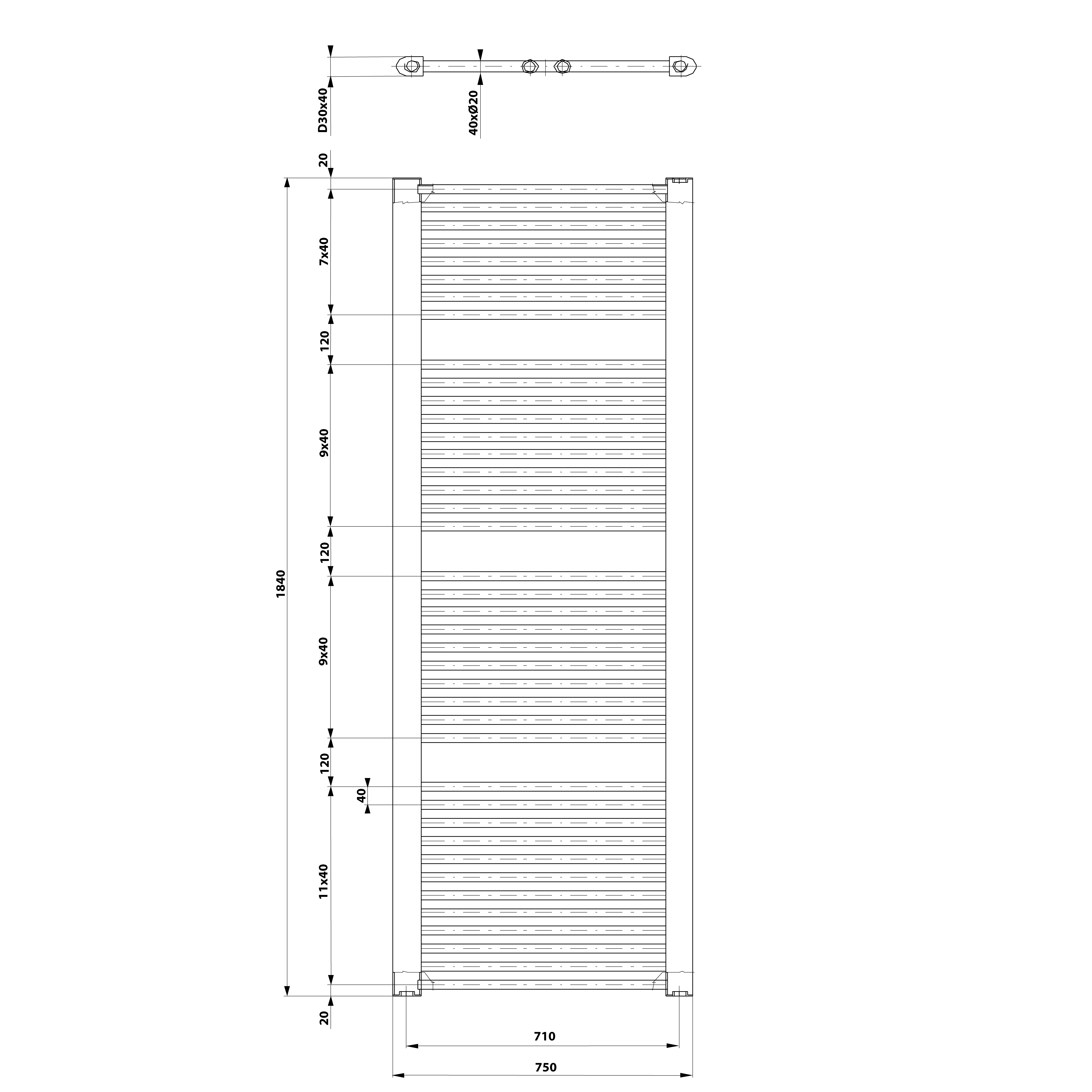 Aqualine DIRECT otopné těleso s bočním připojením 750x1850 mm, bílá, technický nákres