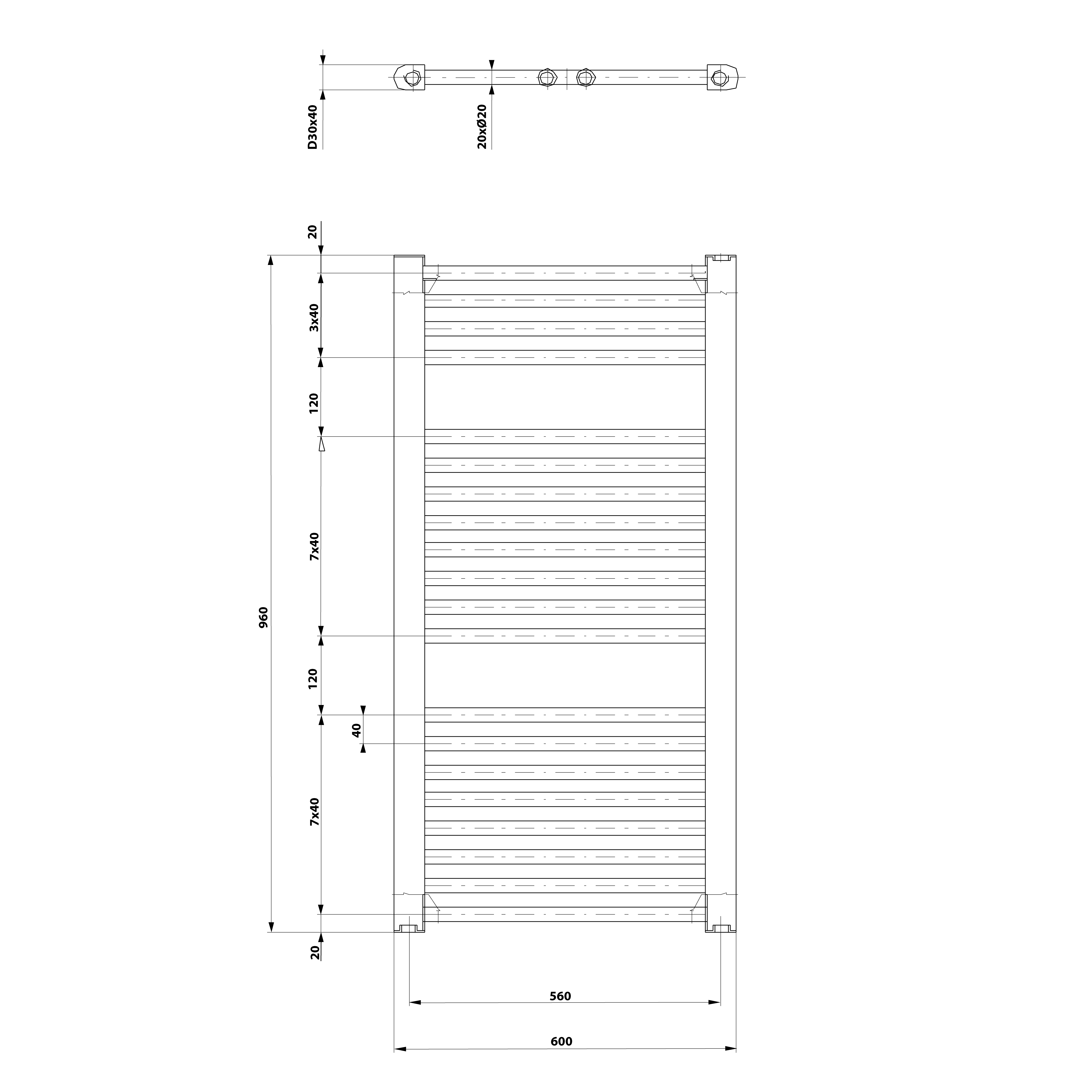 Aqualine DIRECT otopné těleso s bočním připojením 600x960 mm, bílá, technický nákres