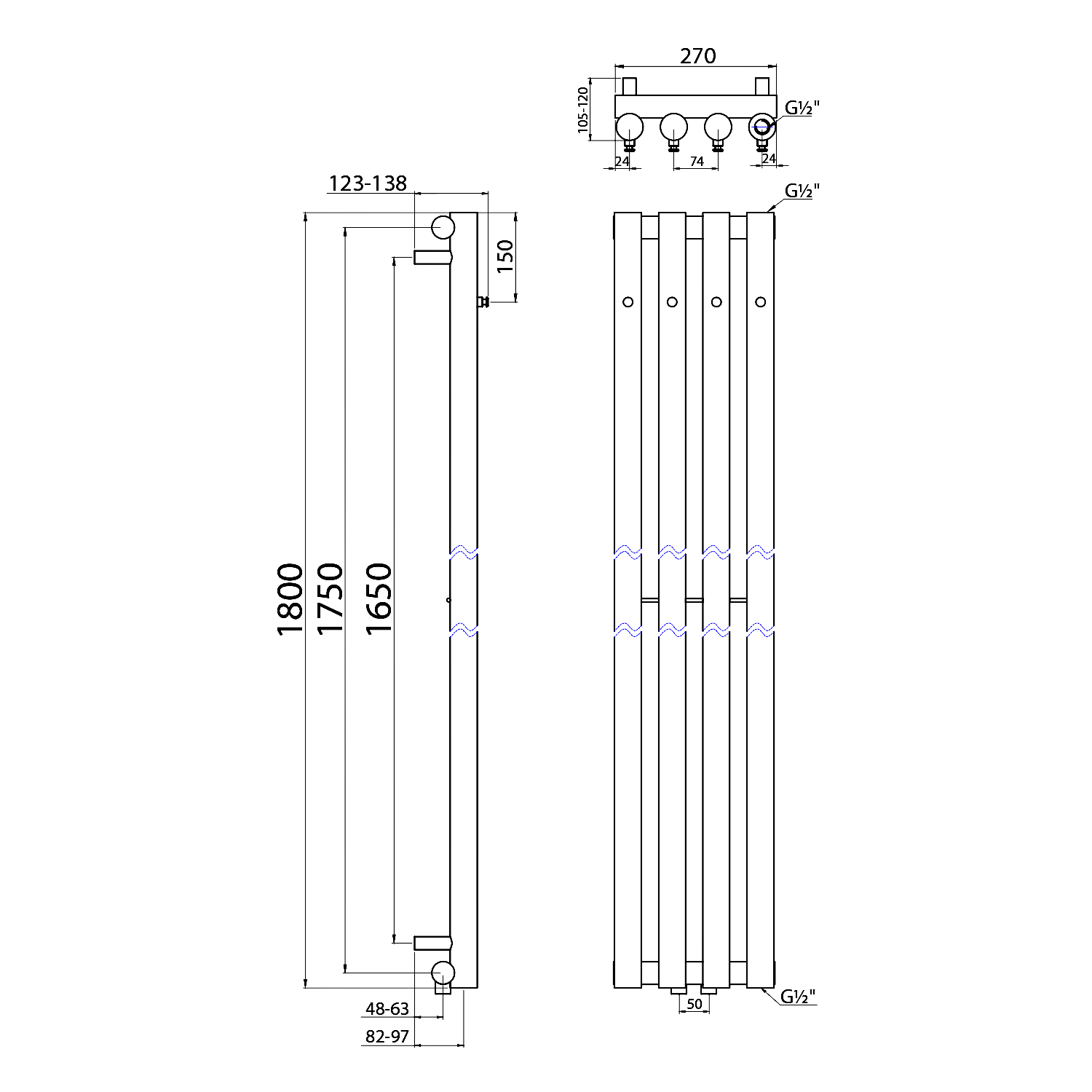 Sapho PILON otopné těleso 270x1800mm, se čtyřmi háčky pro ručník, chrom, technický nákres