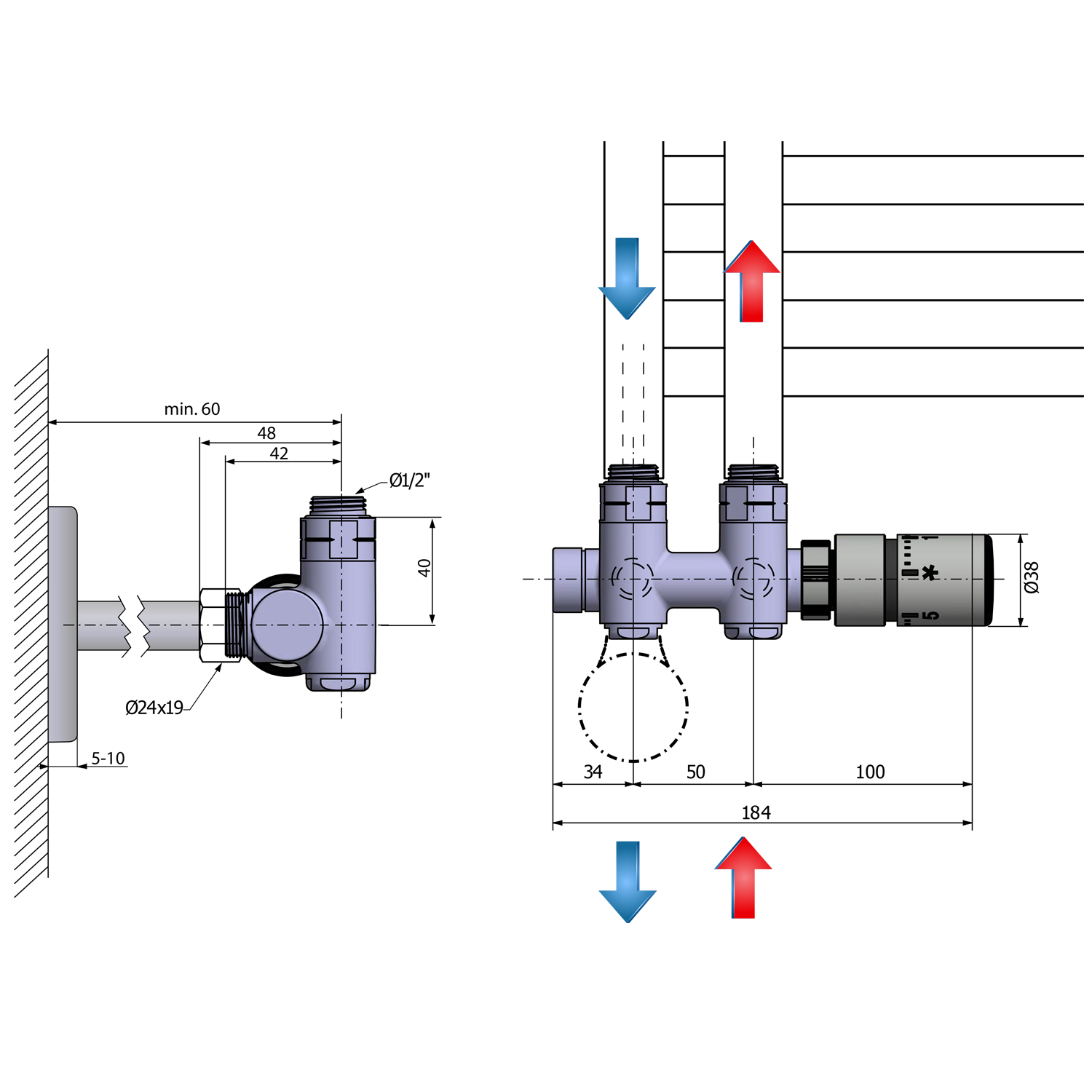 Sapho TWIN COMBI připojovací sada ventilů termostatická pro středové připojení, pravá, nerez mat, technický nákres