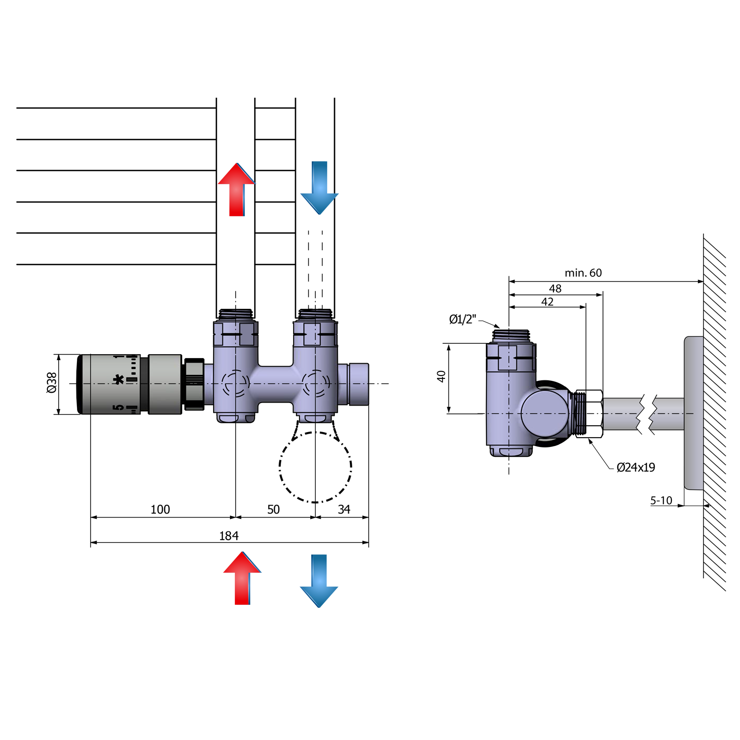 Sapho TWIN COMBI připojovací sada ventilů termostatická pro střed.připojení, levá, nerez mat, technický nákres