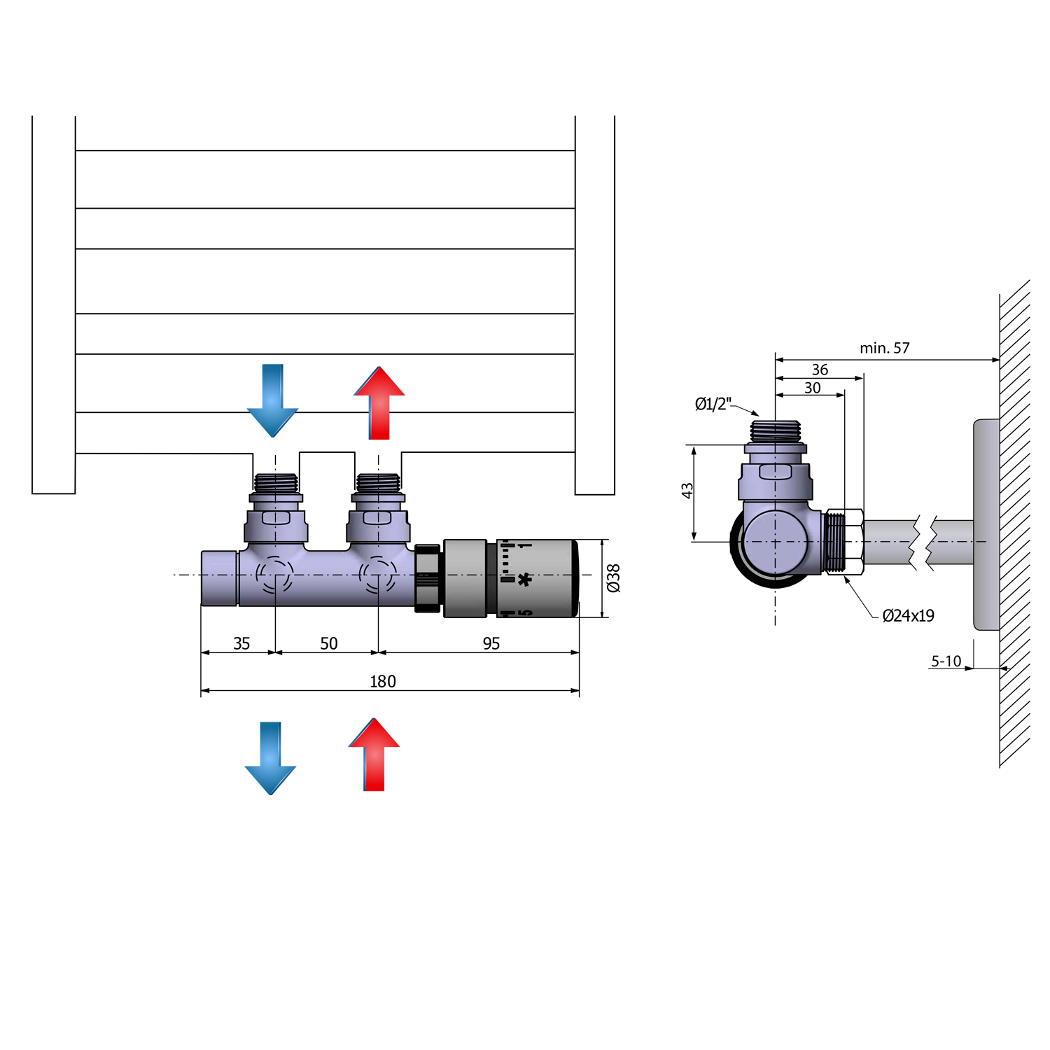 Sapho TWIN připojovací sada ventilů termostatická pro středové připojení, nerez mat, technický nákres