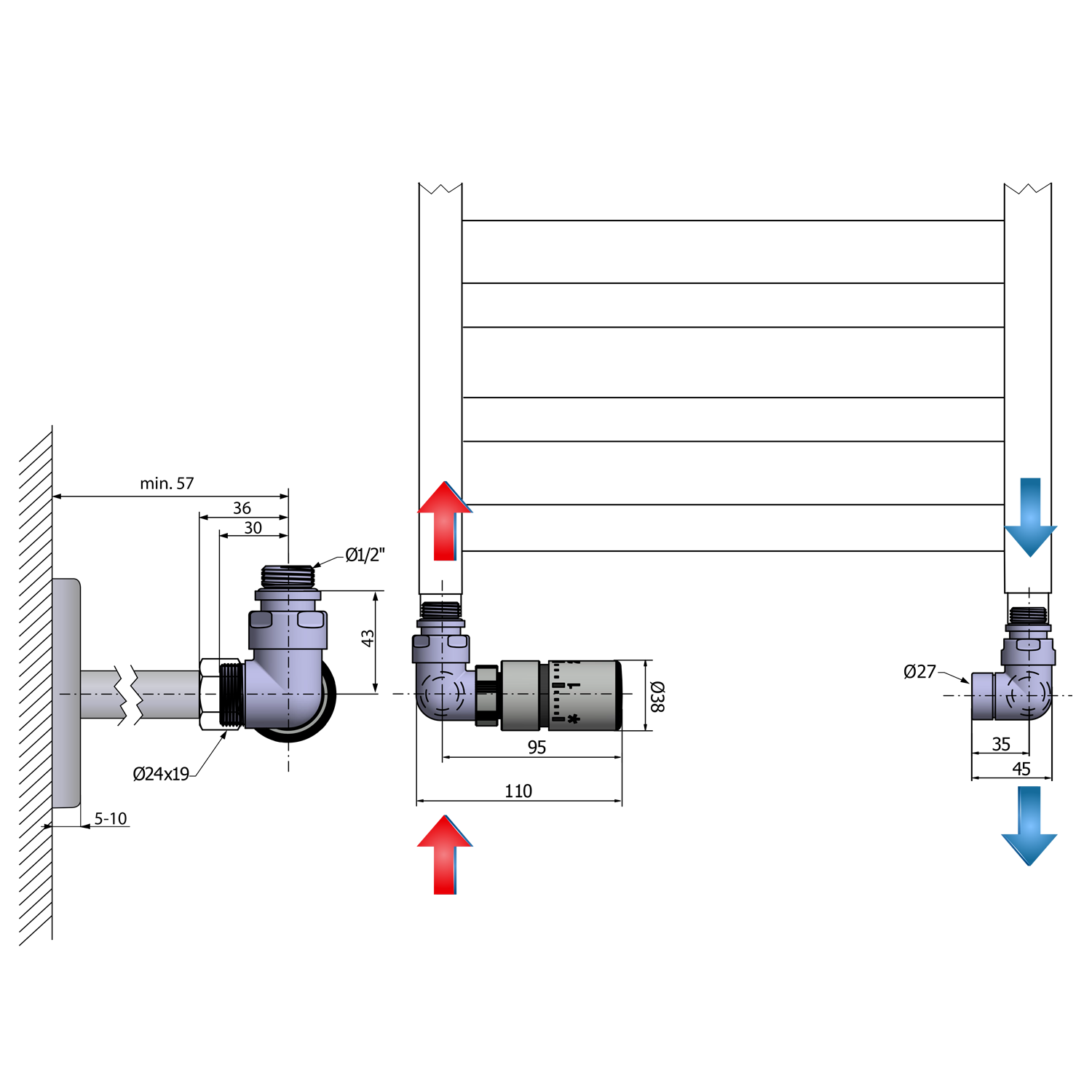 Sapho CORNER připojovací sada ventilů termostatická triaxiální, levé provedení, chrom, technický nákres
