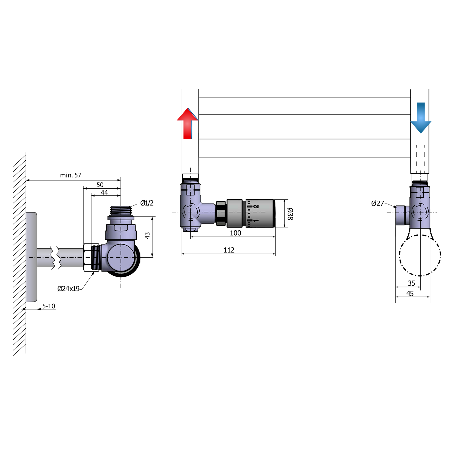 Sapho CORNER COMBI připojovací sada ventilů termostatická, levá, nerez mat, technický nákres