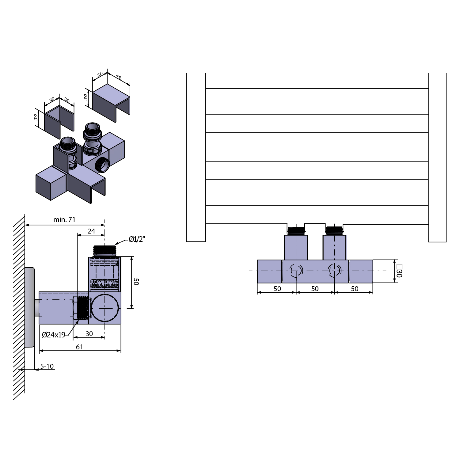 Sapho CUBE TWIN připojovací sada ventilů pro středové připojení, chrom, technický nákres