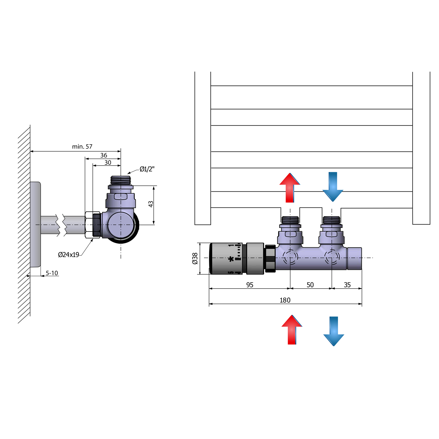 Sapho TWIN připojovací sada ventilů termostatická pro středové připojení, levá, chrom, technický nákres