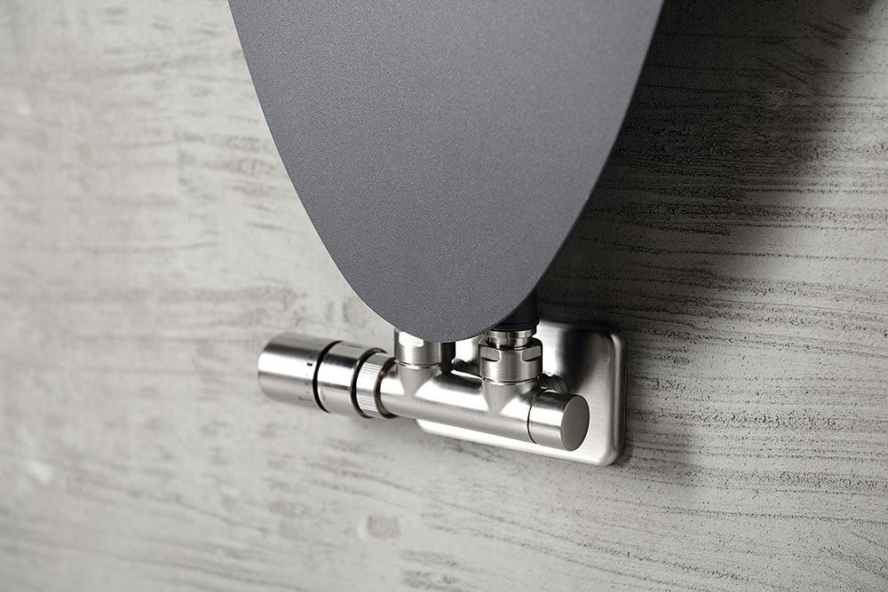 Sapho TWIN připojovací sada ventilů termostatická pro středové připojení, levá, nerez mat, připojená k topnému žebříku
