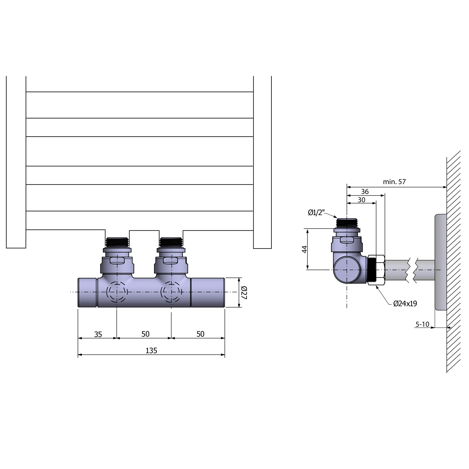 Sapho TWIN připojovací sada ventilů pro středové připojení, chrom, technický nákres