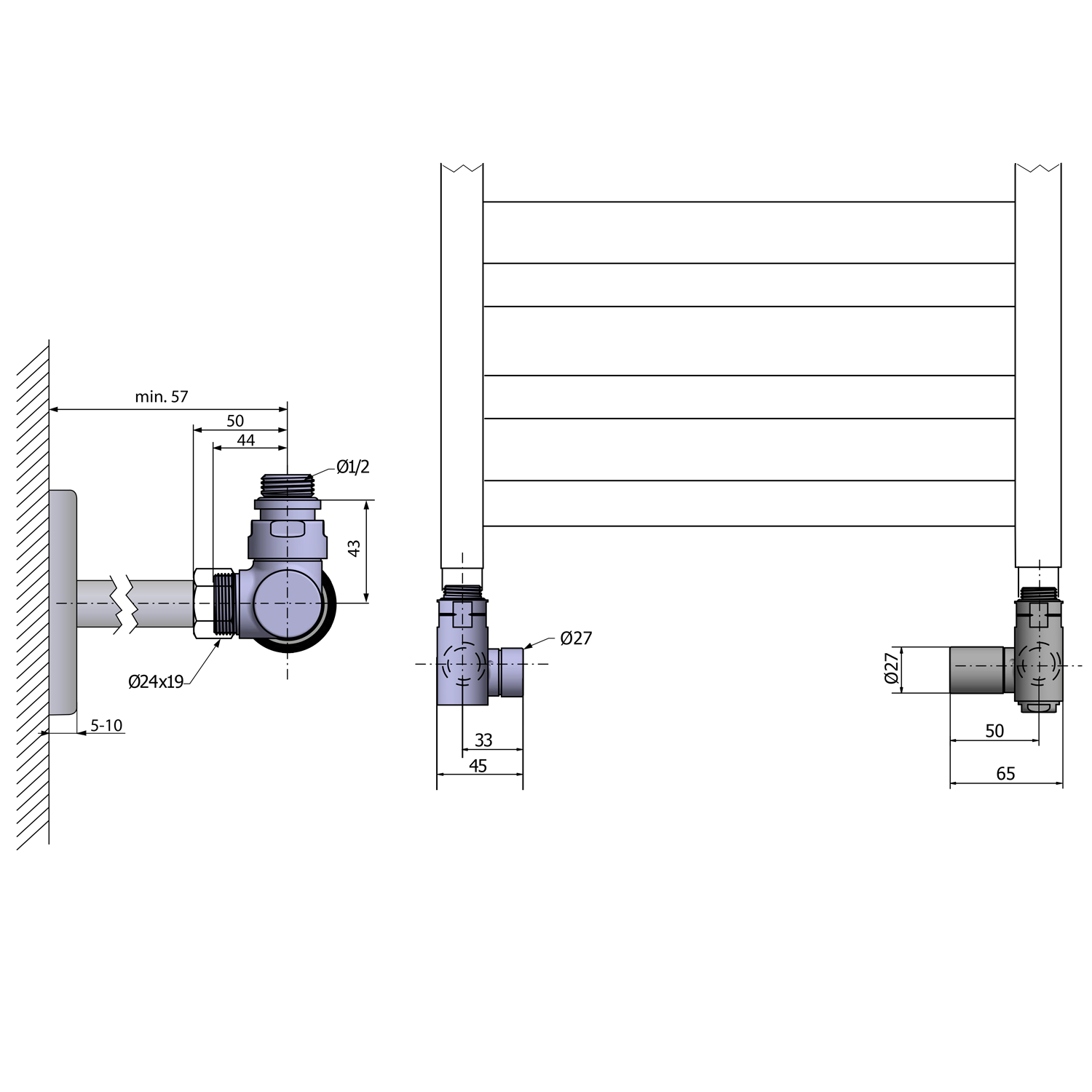 Sapho CORNER COMBI SIMPLY připojovací sada ventilů triaxiální, pravé provedení, chrom, technický nákres