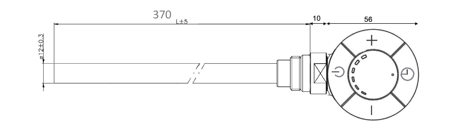 Aqualine Topná tyč s termostatem, rovný kabel, 300 W, chrom, technický nákres s tabulkou délek