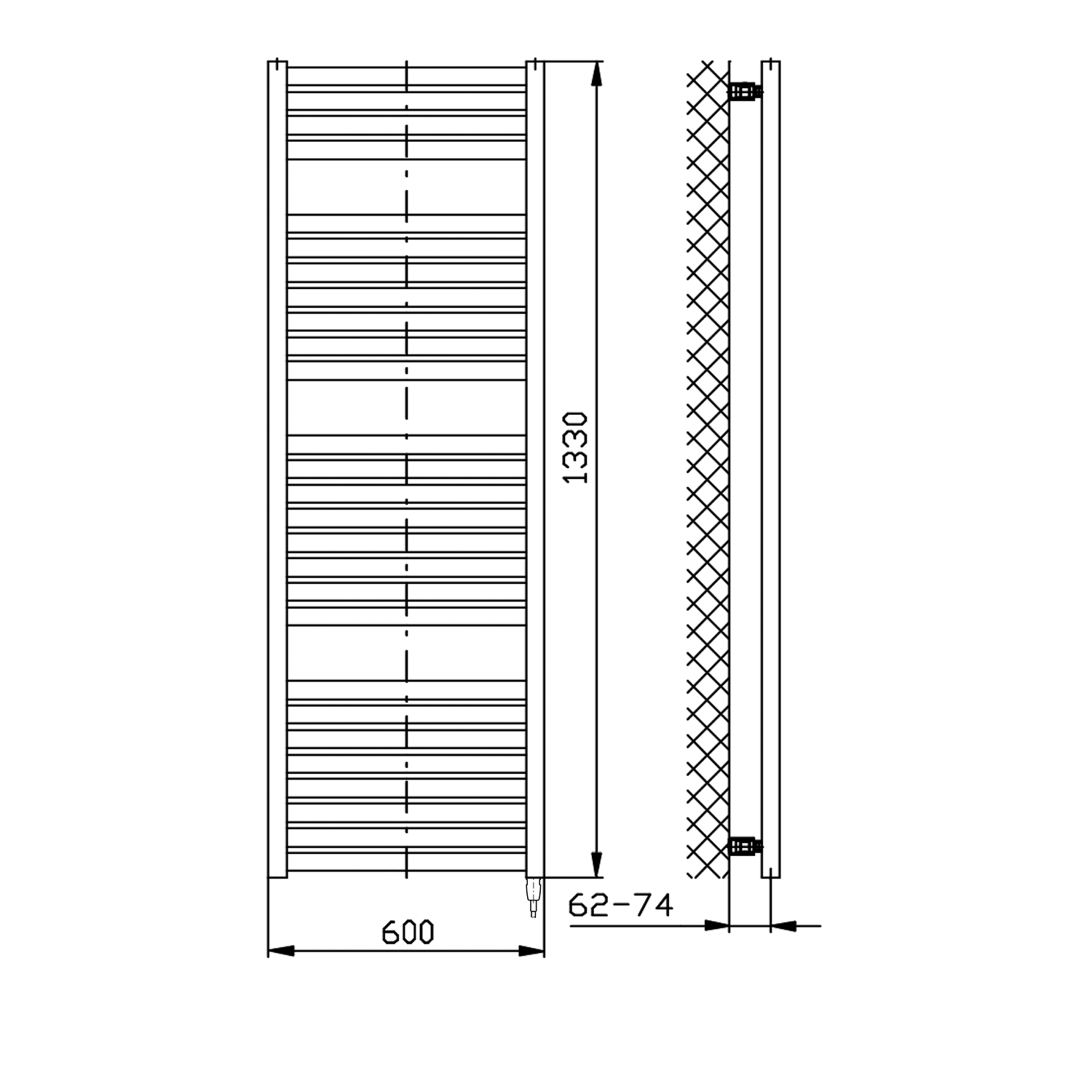 Aqualine TONDI-E elektrické otopné těleso rovné 600x1330 mm, 600 W, bílá, technický nákres