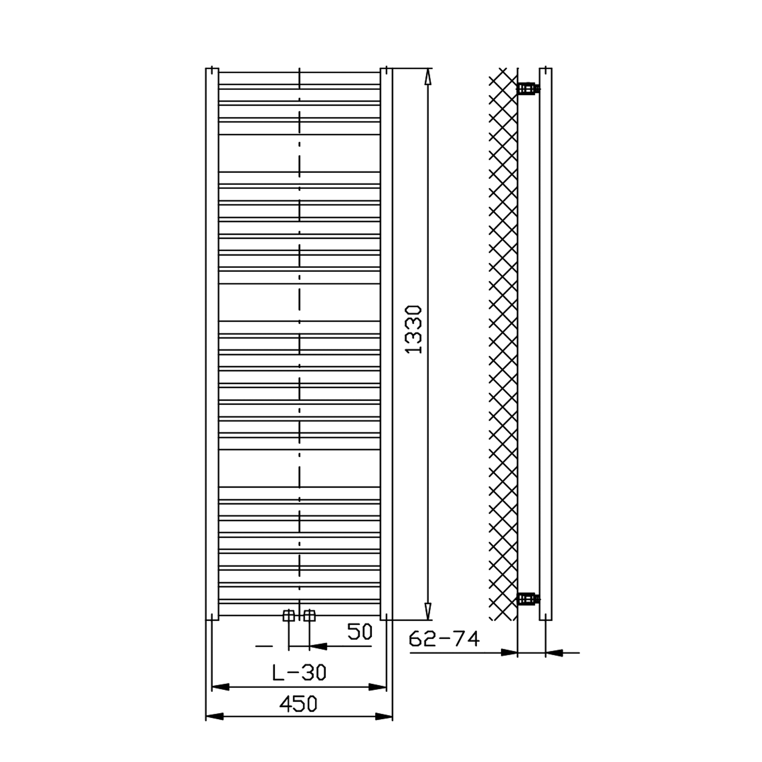 Aqualine TONDI otopné těleso rovné 450x1330 mm, středové připojení, bílá, technický nákres