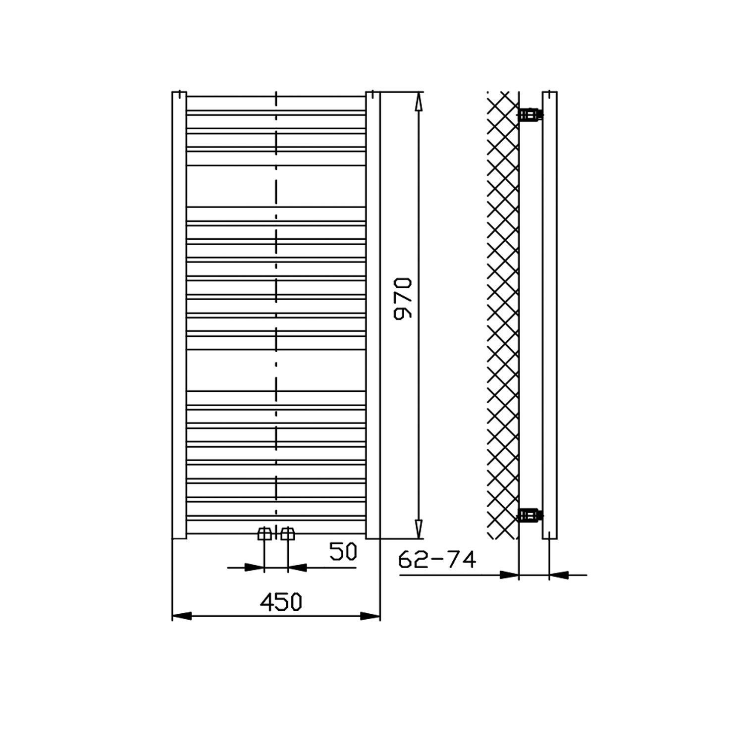 Aqualine TONDI otopné těleso rovné 450x970 mm, středové připojení, bílá, technický nákres