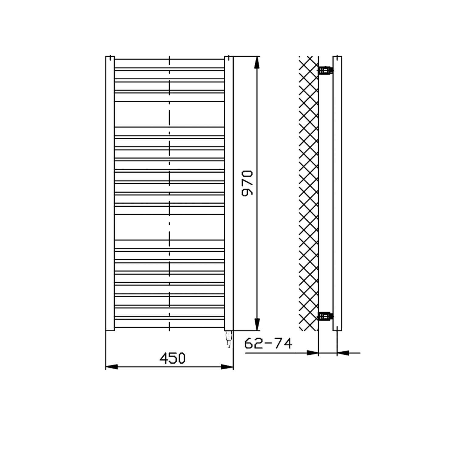 Aqualine TONDI-E elektrické otopné těleso rovné 450x970 mm, 300 W, černá mat, technický nákres