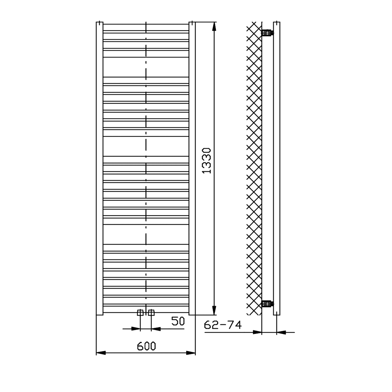 Aqualine TONDI otopné těleso rovné 600x1330 mm, středové připojení, bílá, technický nákres