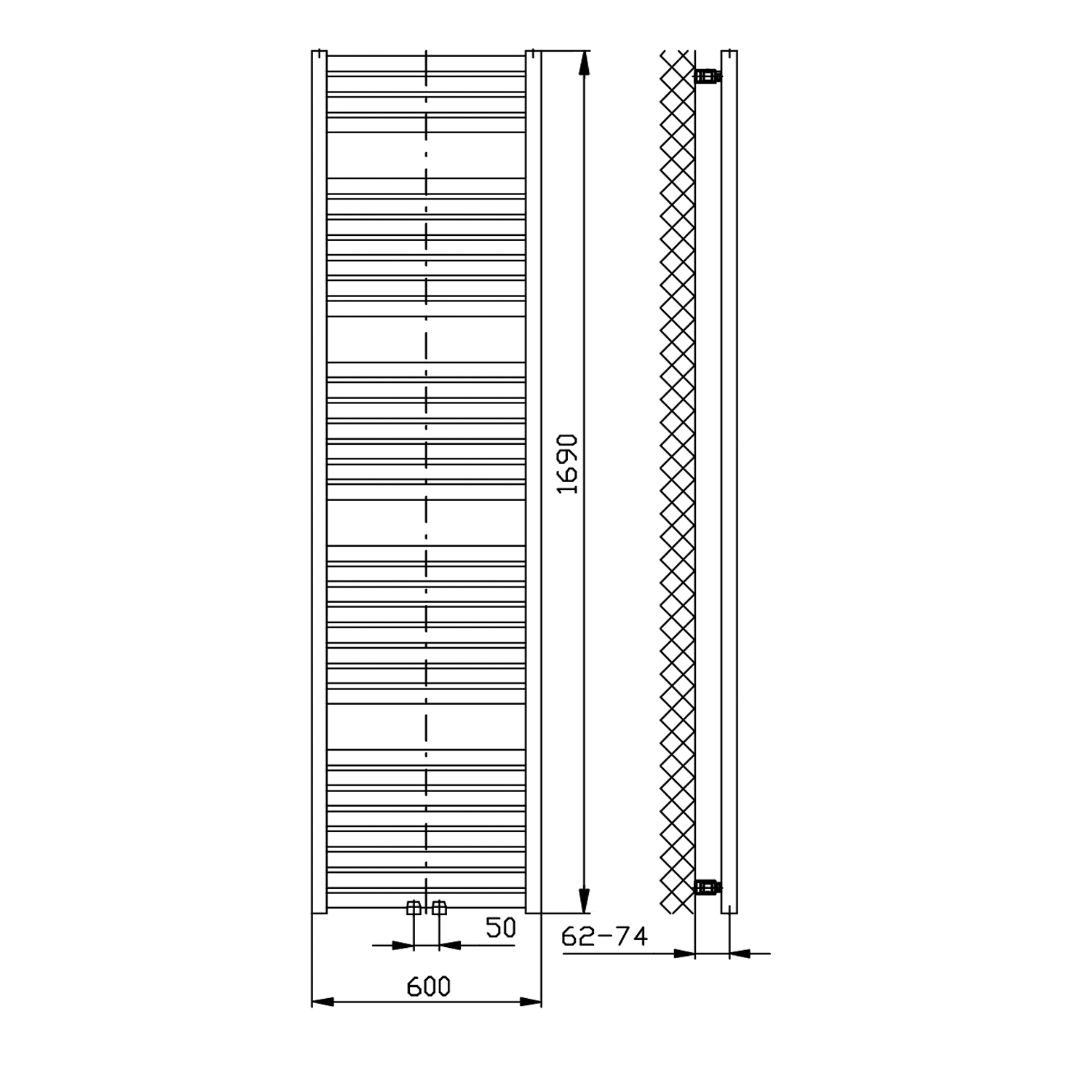 Aqualine TONDI otopné těleso rovné 600x1690 mm, středové připojení, bílá, technický nákres