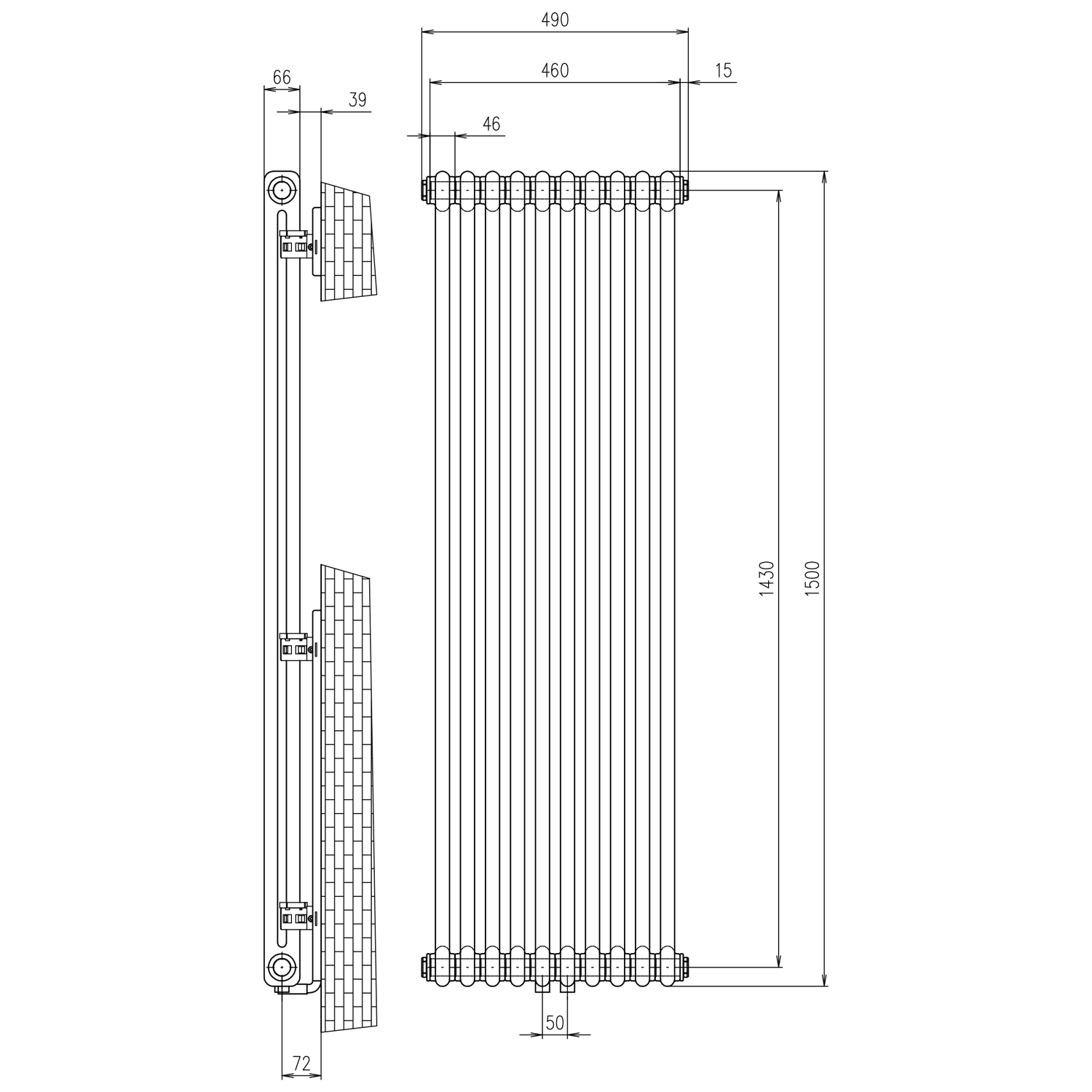 Sapho FEDE otopné těleso 1500x490mm, 10 seg., bílá mat, technický nákres