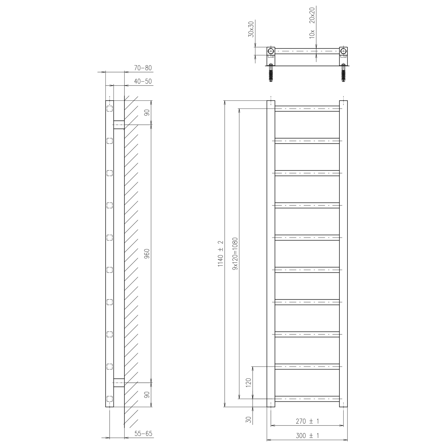 Sapho METRO LIGHT otopné těleso 300x1140 mm, chrom, technický nákres